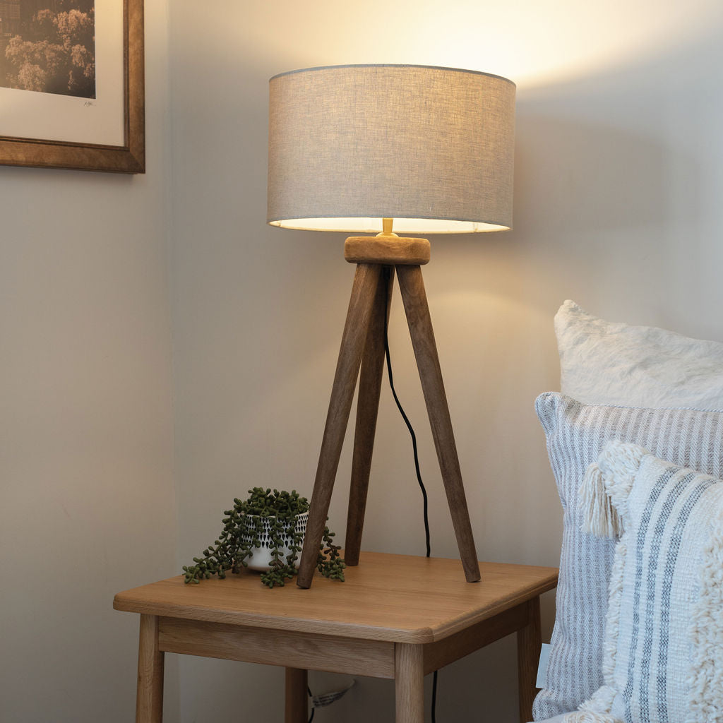 Pill Table Lamp, Hand-Carved Mango Wooden Tri-pod base