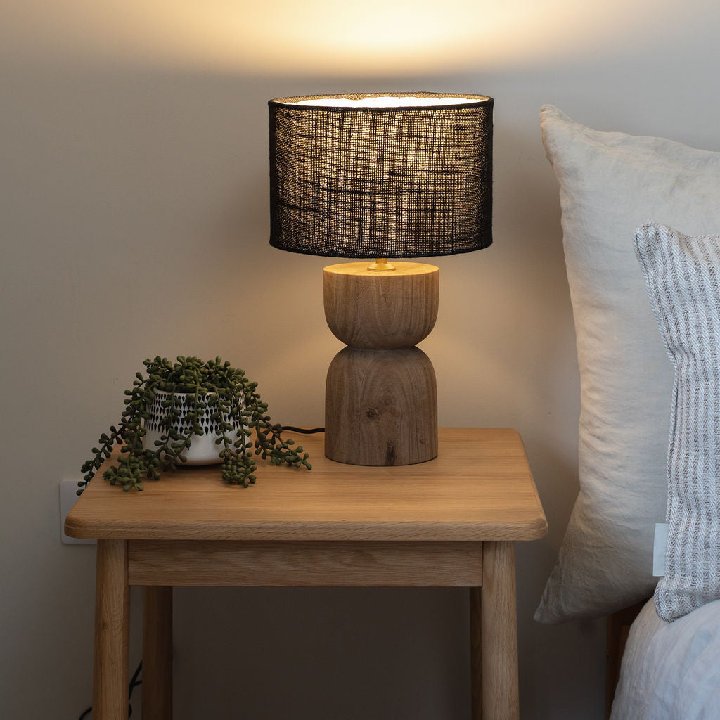 Mells, Short, Light, Sandblasted Wooden Medium Table Lamp with Black Shade