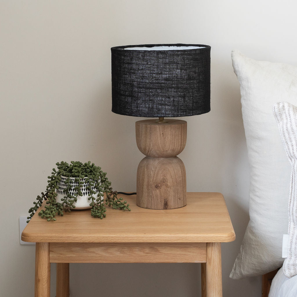 Mells, Short, Light, Sandblasted Wooden Medium Table Lamp with Black Shade