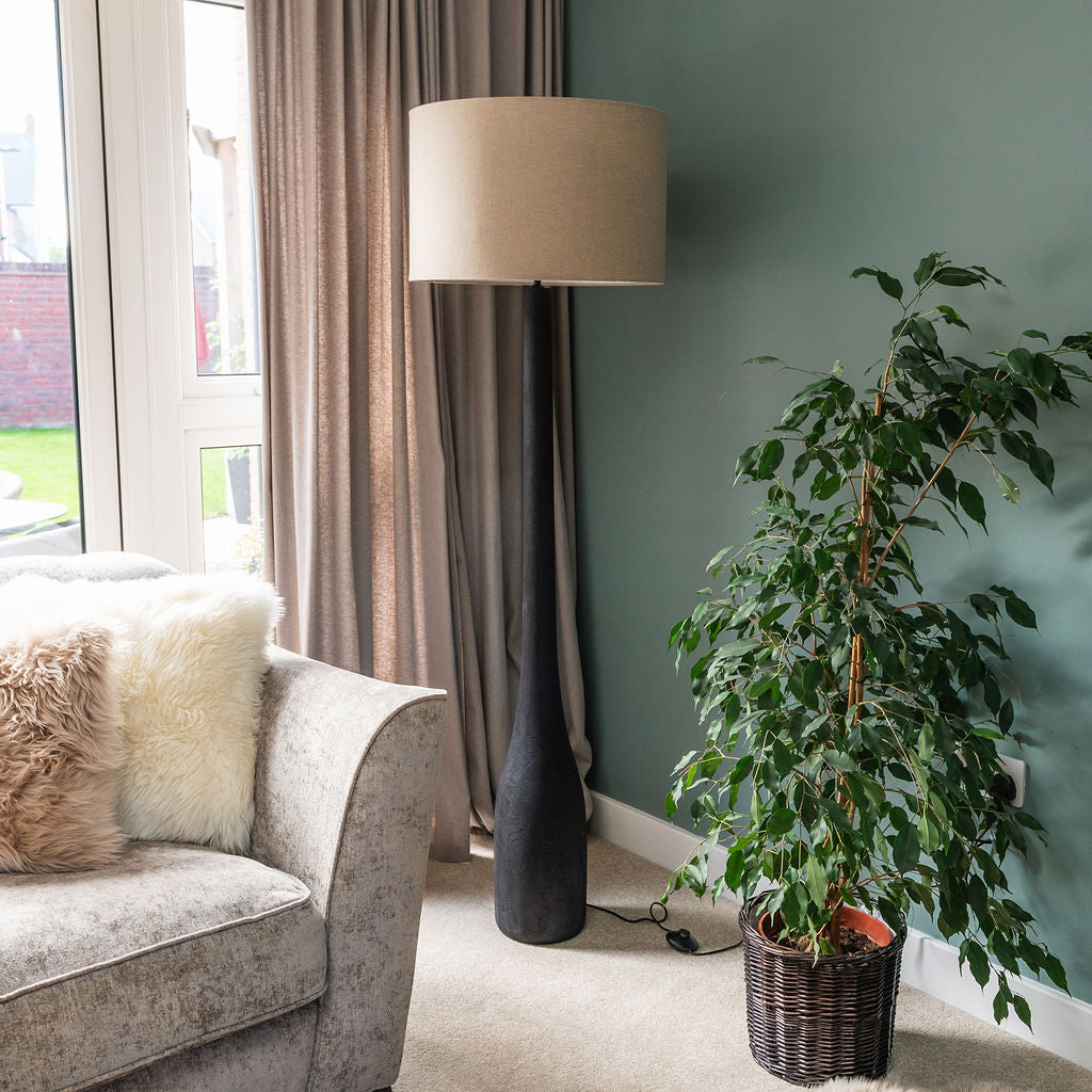 Dulverton, Black Sandblasted Wooden Floor Lamp with Beige Linen Shade