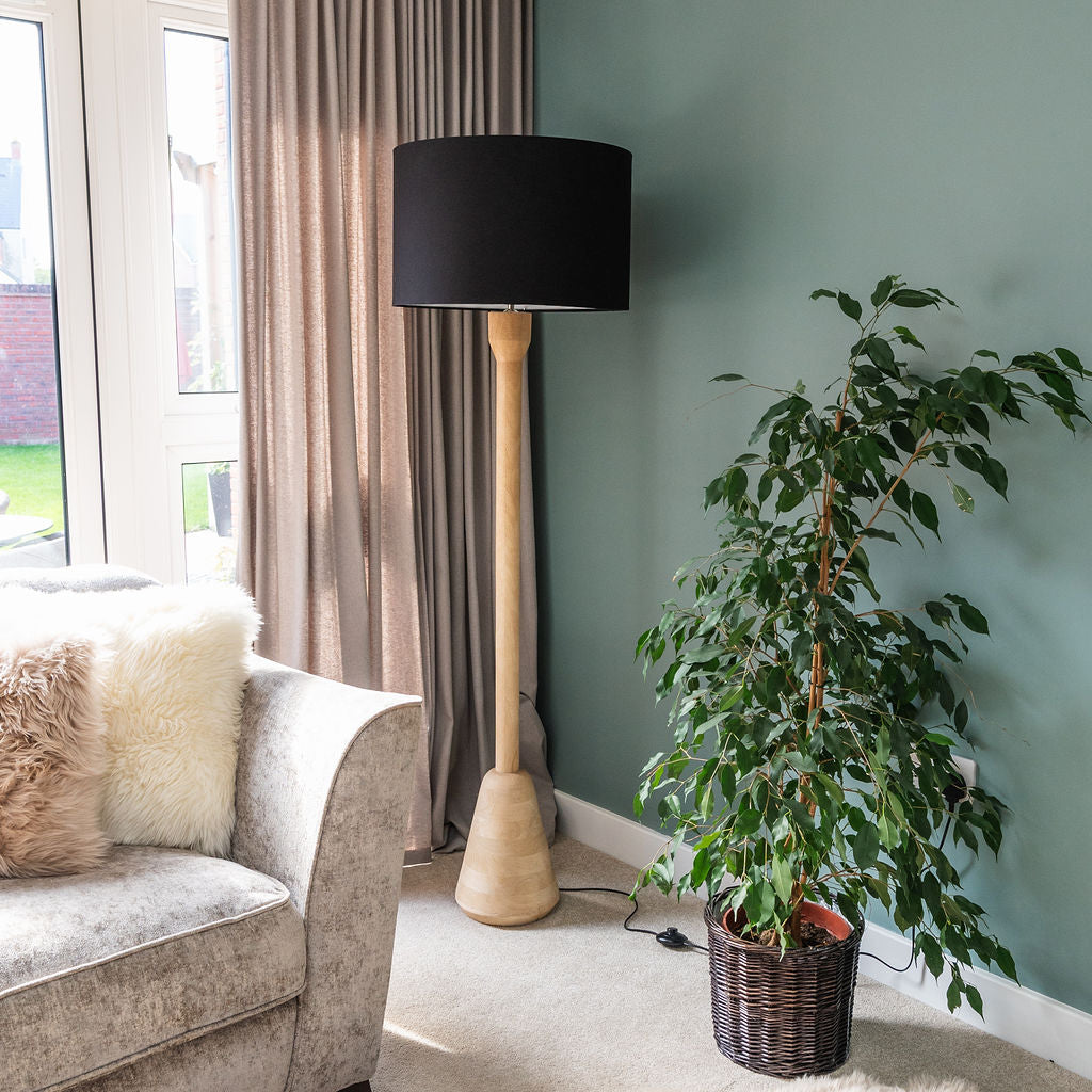 Downend, Carved Wooden Floor Lamp with Black Linen Shade