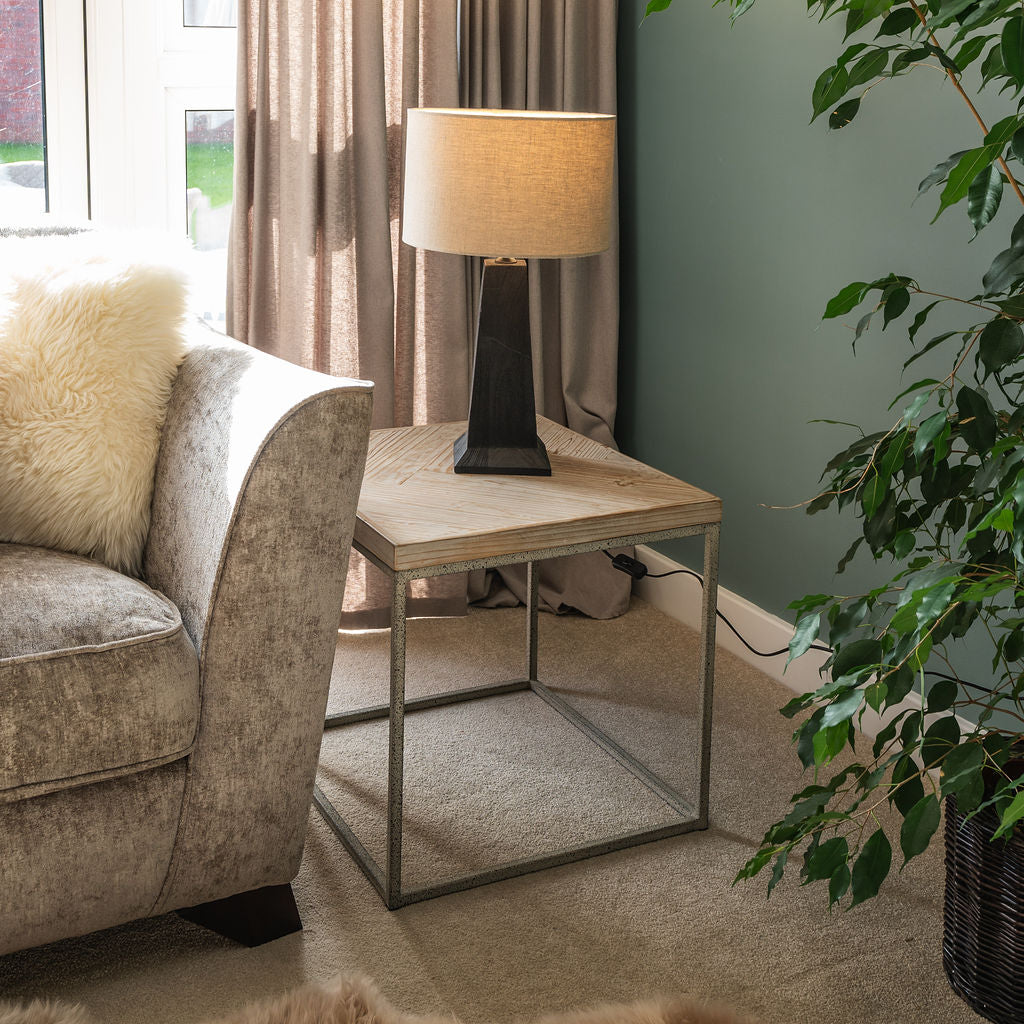 Saltford Medium Black-stained Sandblasted Table Lamp, with Beige Linen Shade