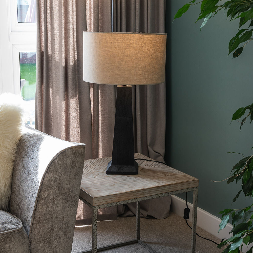 Saltford Large Black-stained Sandblasted Table Lamp, with Beige Linen Shade