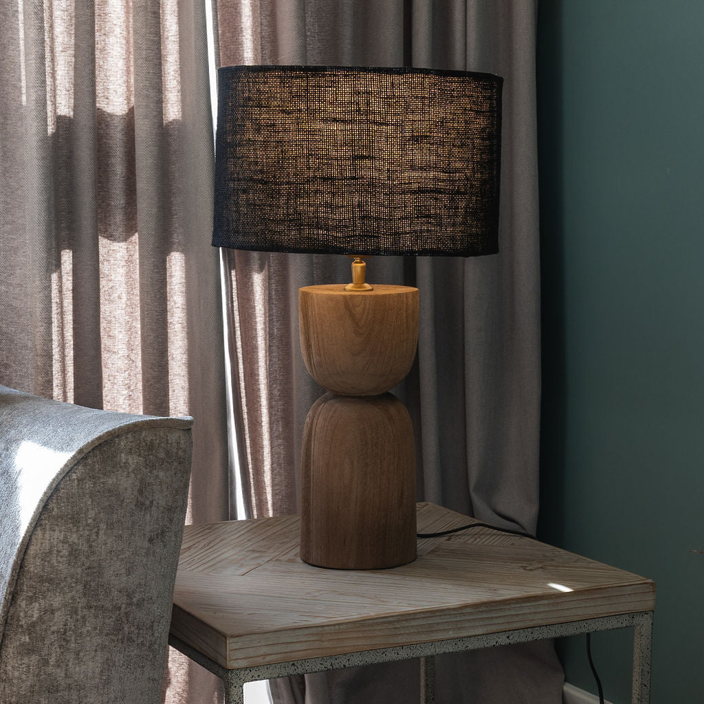 Mells, Tall, Light, Sandblasted Wooden Large Table Lamp with Black Shade