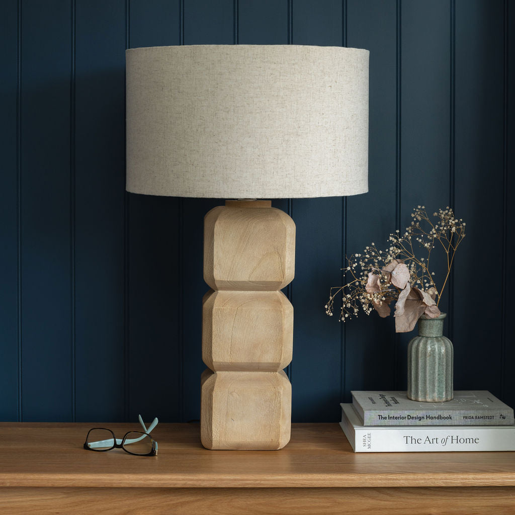 Pensford, Large Carved Wooden Table Lamp with Beige Shade