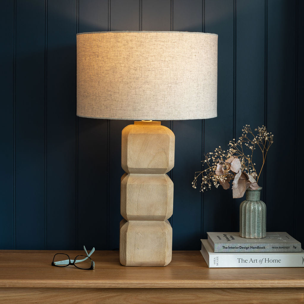 Pensford, Large Carved Wooden Table Lamp with Beige Shade