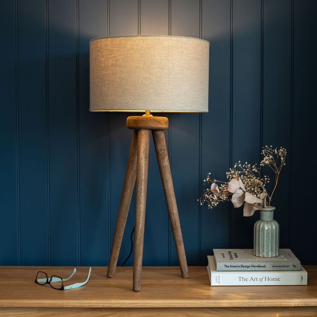 Pill Table Lamp, Hand-Carved Mango Wooden Tri-pod base