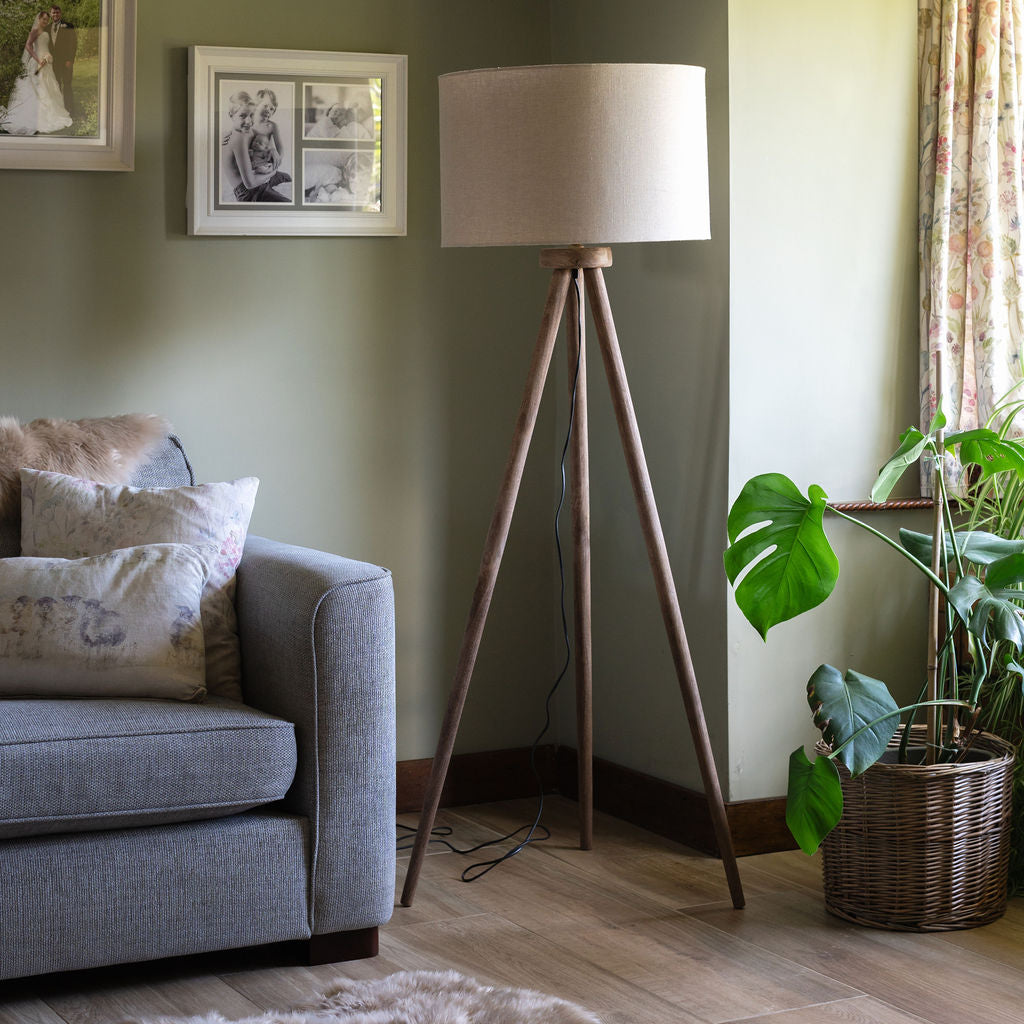 Pill Floor Lamp, with Hand-carved Mango Wooden Tri-pod base