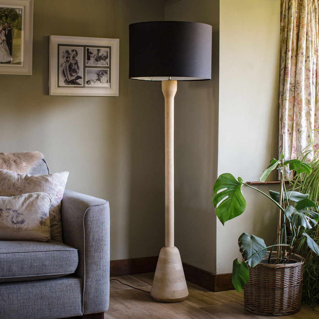 Downend, Carved Wooden Floor Lamp with Black Linen Shade