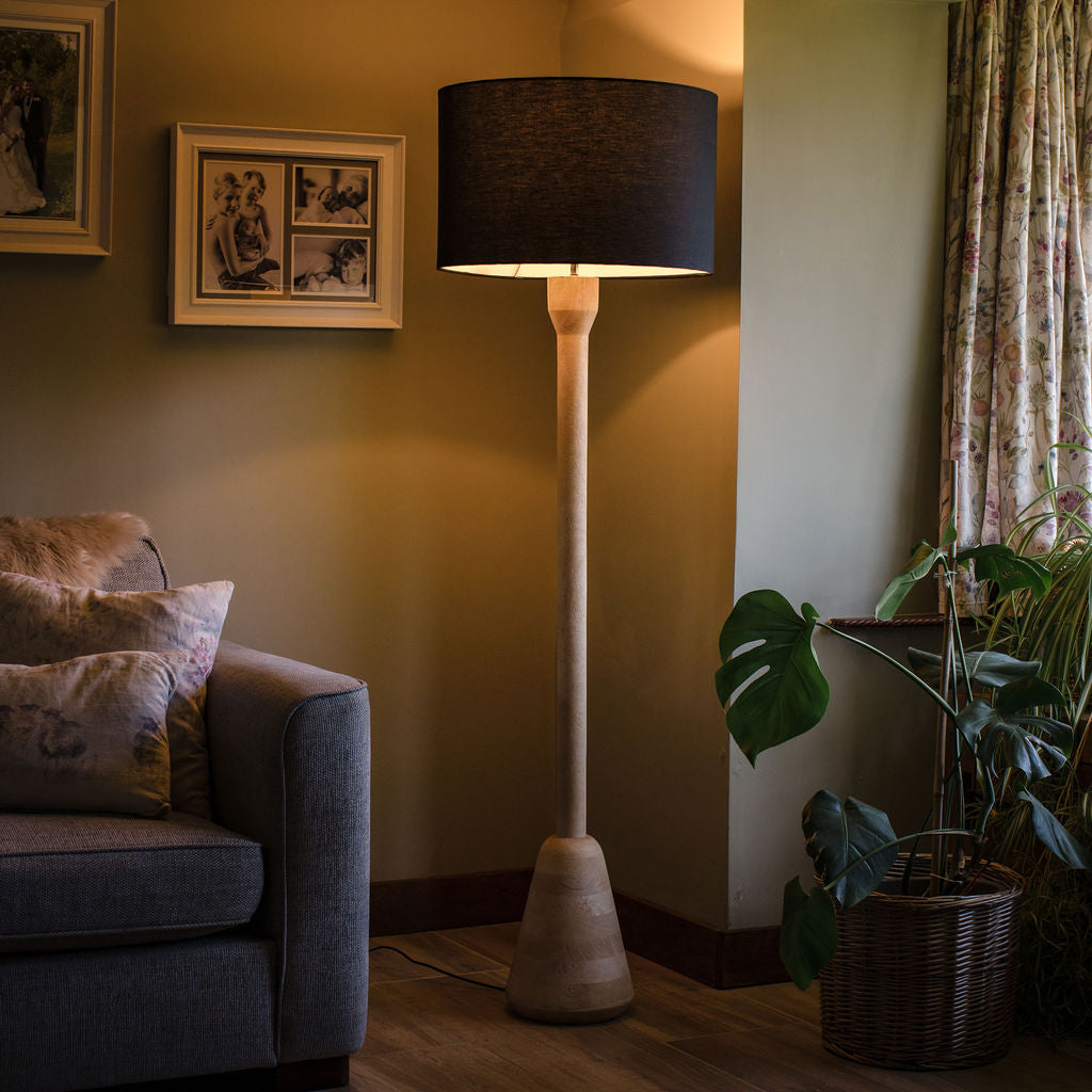 Downend, Carved Wooden Floor Lamp with Black Linen Shade