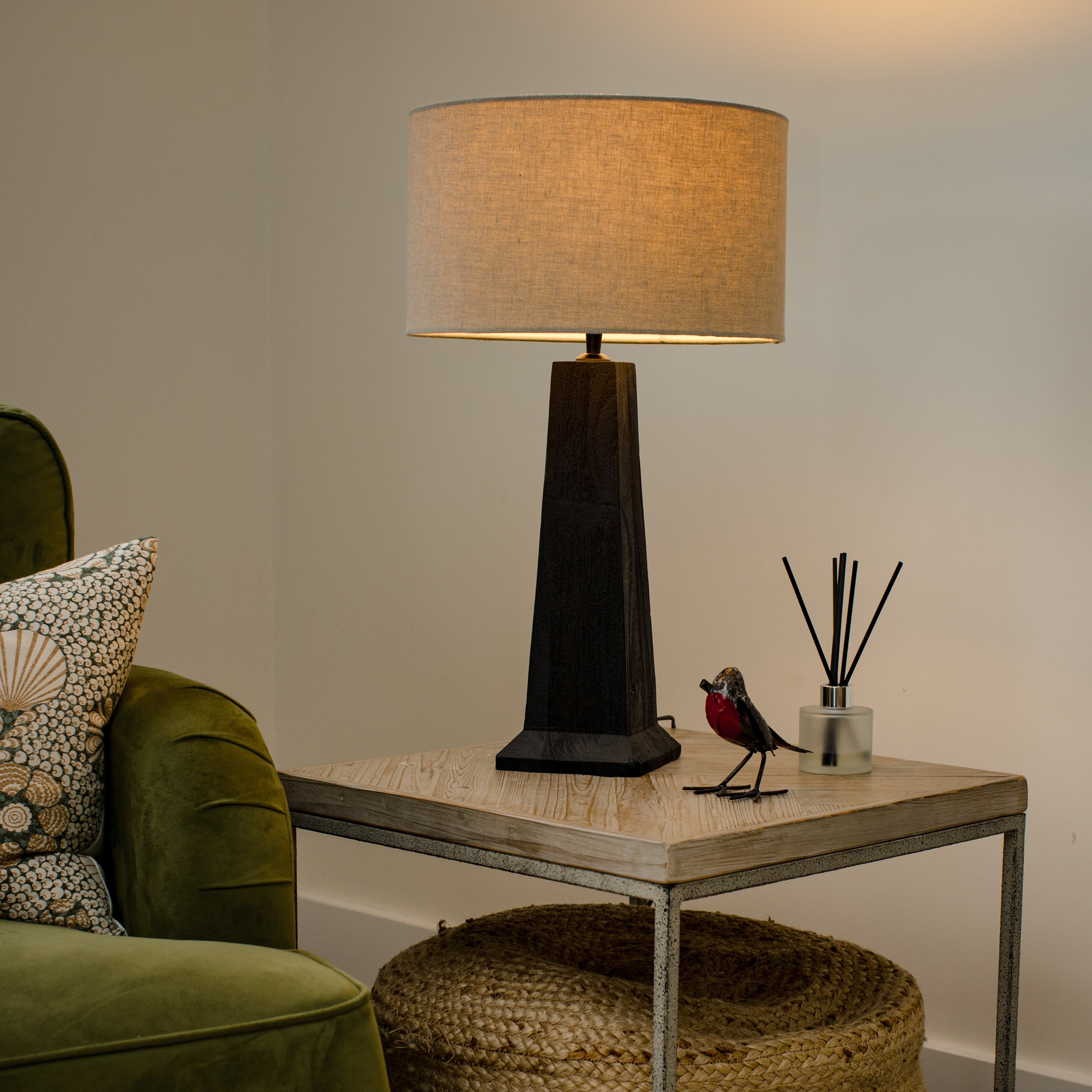 Saltford Large Black-stained Sandblasted Table Lamp, with Beige Linen Shade