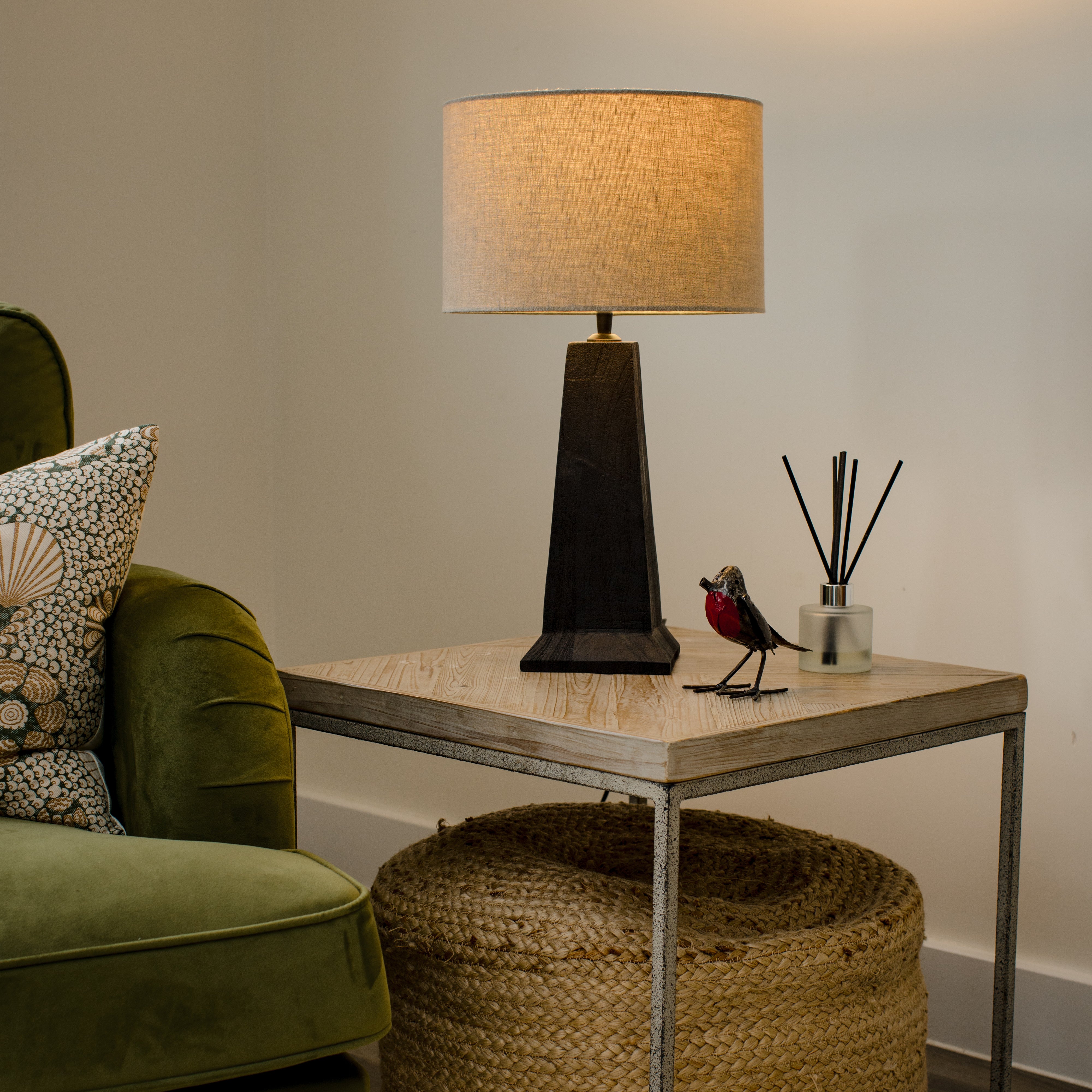 Saltford Medium Black-stained Sandblasted Table Lamp, with Beige Linen Shade