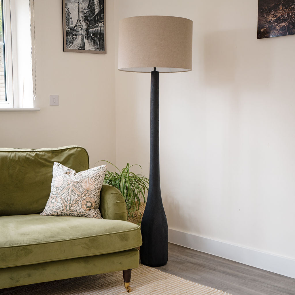 Dulverton, Black Sandblasted Wooden Floor Lamp with Beige Linen Shade