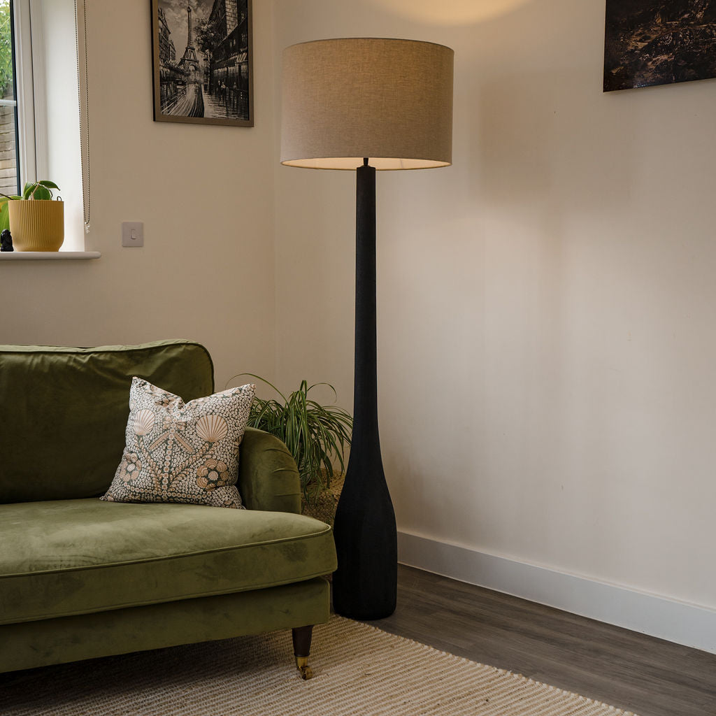 Dulverton, Black Sandblasted Wooden Floor Lamp with Beige Linen Shade