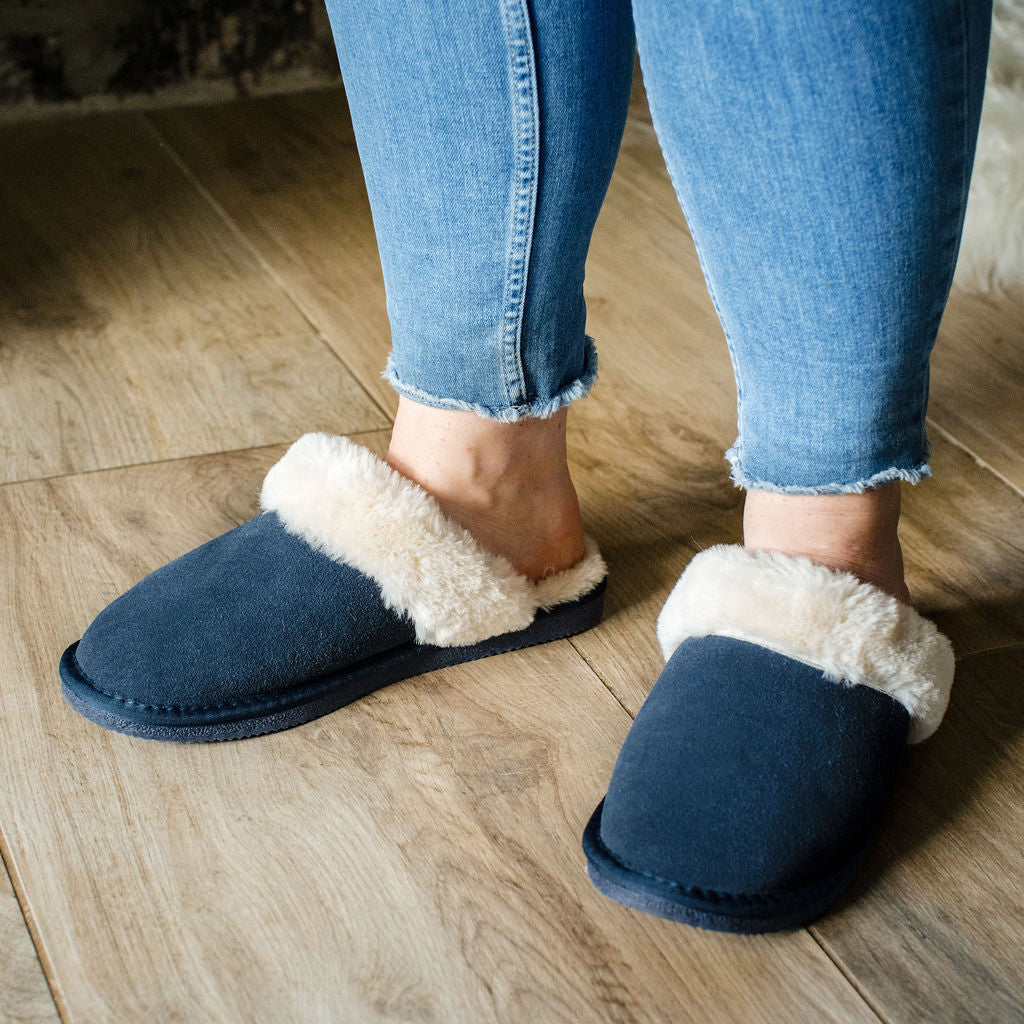 Ladies 'Luna' Lambswool Lined Slipper Mule - Navy