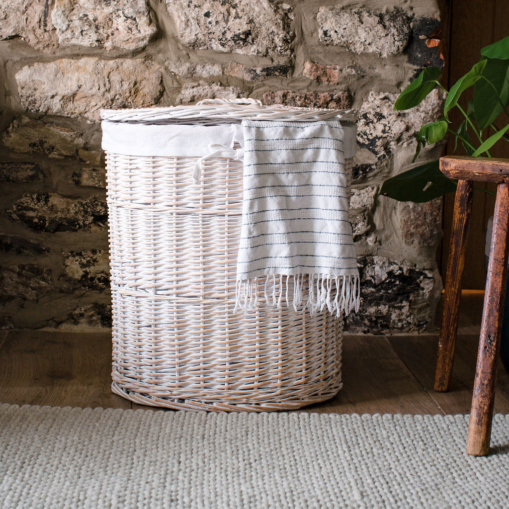 White Wash Oval Wicker Laundry Basket