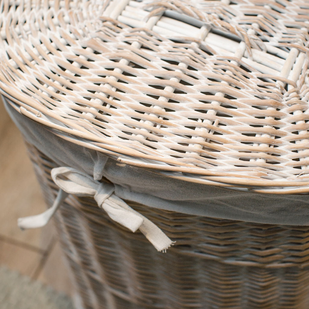 White Wash Oval Wicker Laundry Basket