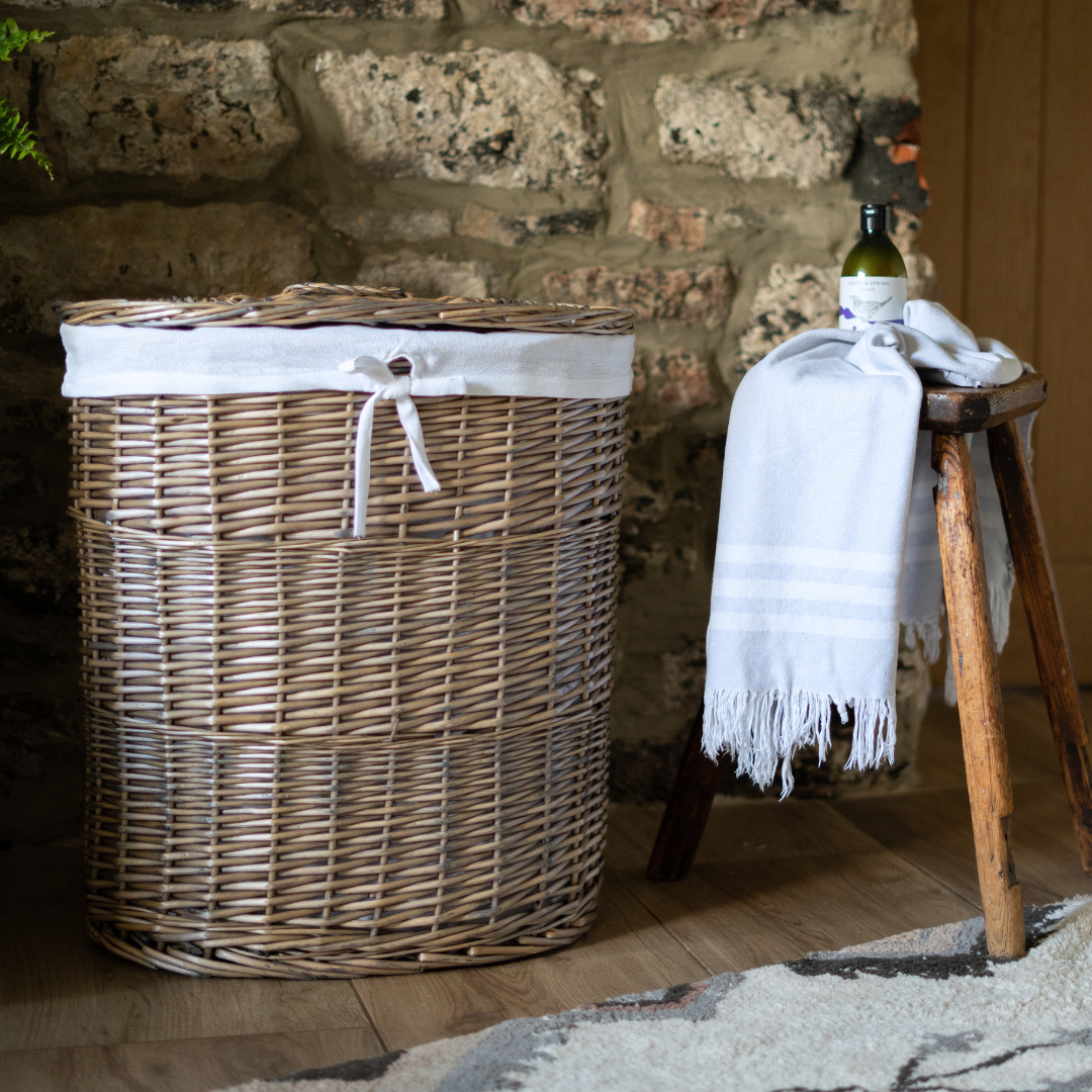Antique Wash Oval Wicker Laundry Basket