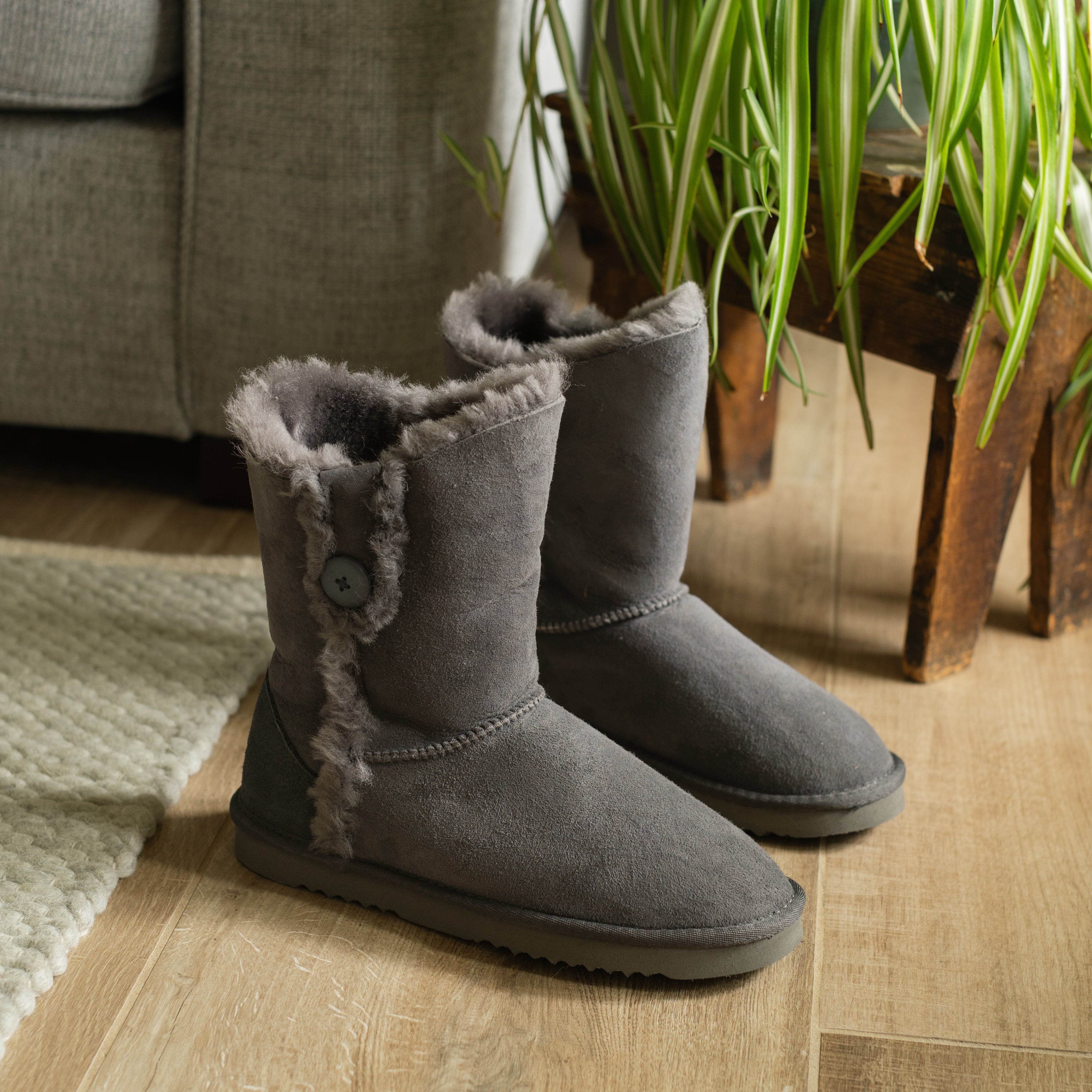 Deluxe Ladies 'Lacey' Button Sheepskin Boots - Grey