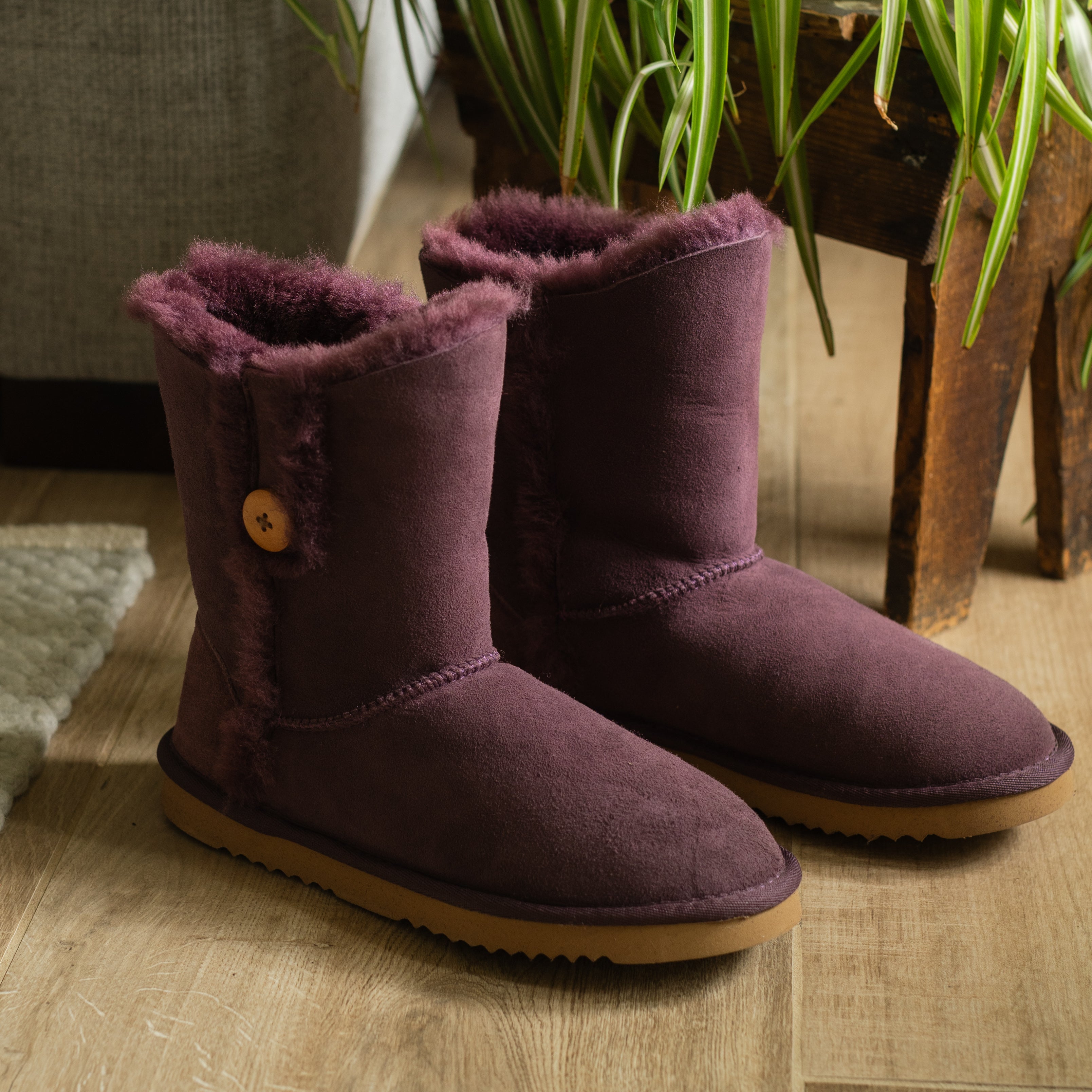 Deluxe Ladies 'Lacey' Button Sheepskin Boots - Purple