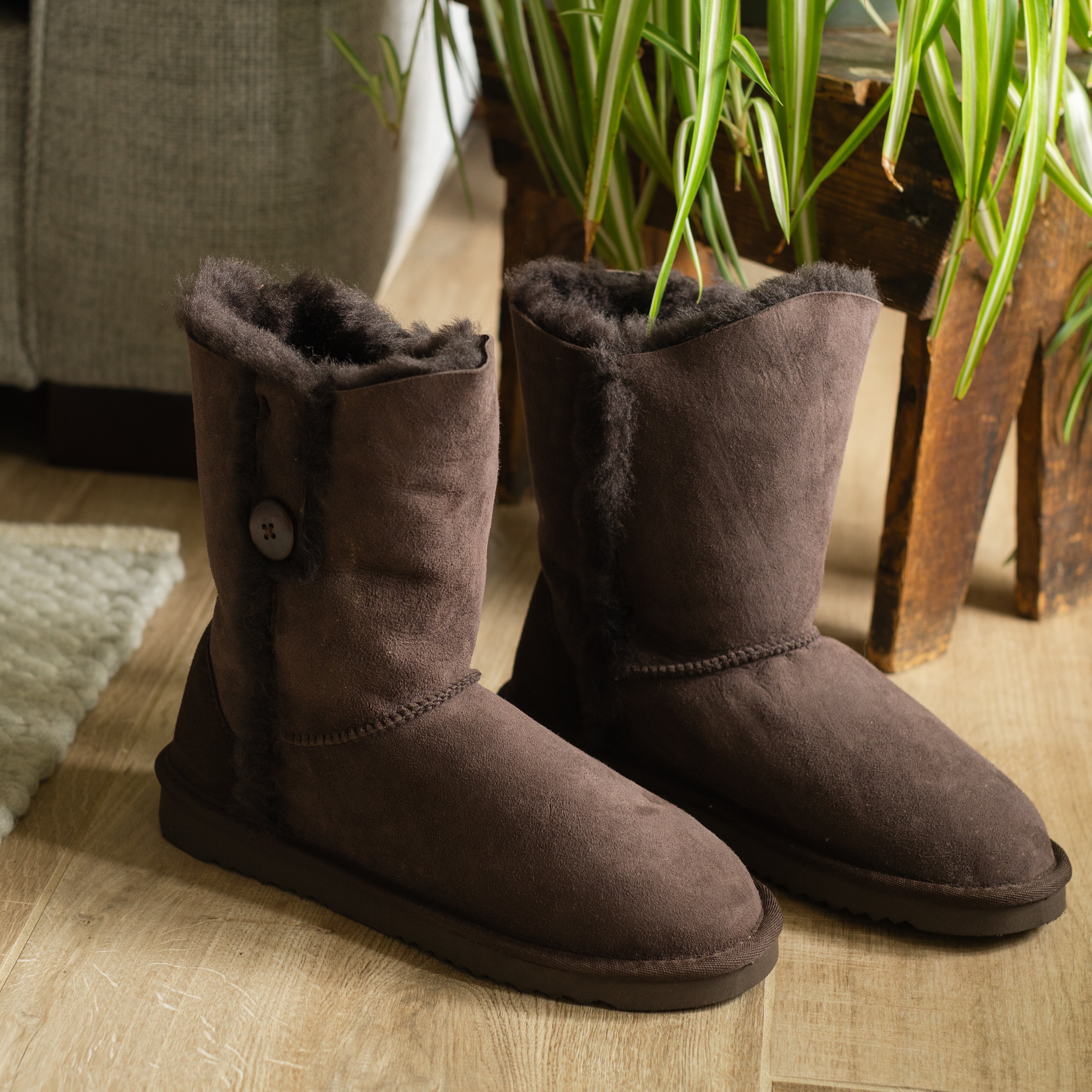 Deluxe Ladies 'Lacey' Button Sheepskin Boots - Chocolate