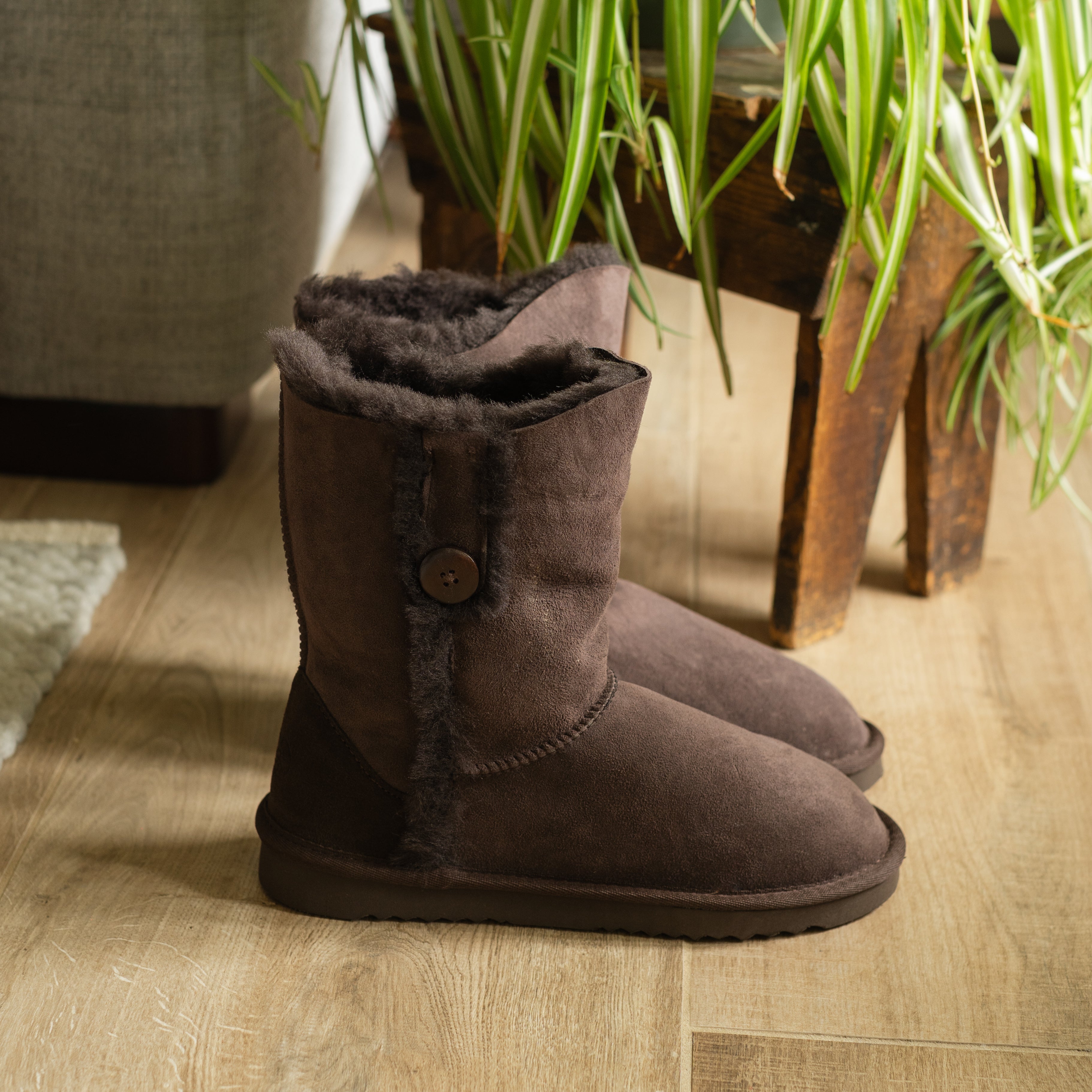 Deluxe Ladies 'Lacey' Button Sheepskin Boots - Chocolate