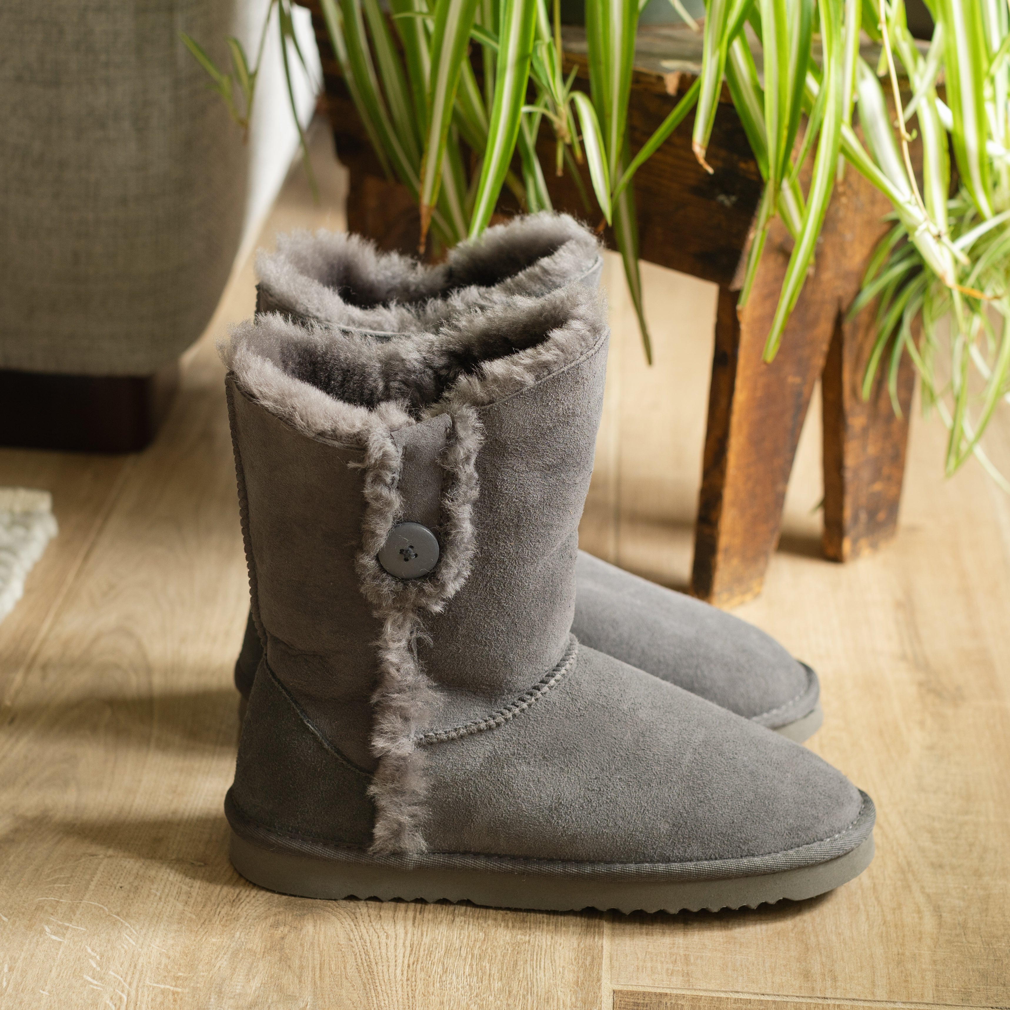 Deluxe Ladies 'Lacey' Button Sheepskin Boots - Grey