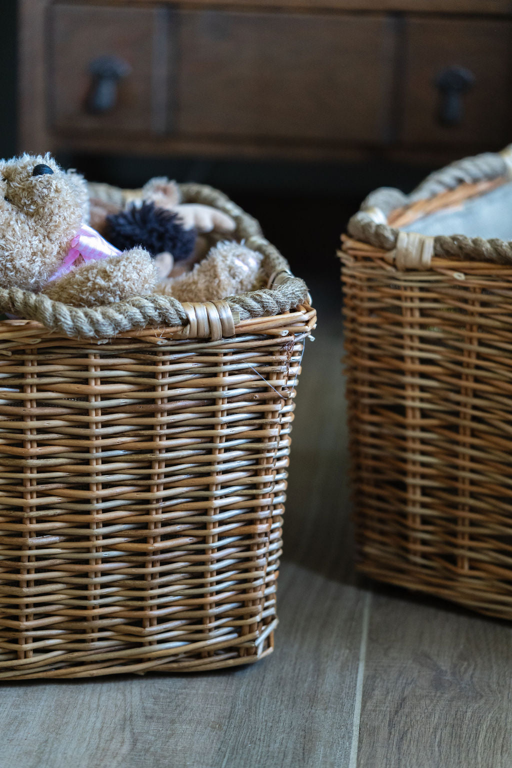 Antique Wash Square Rope Handle Basket