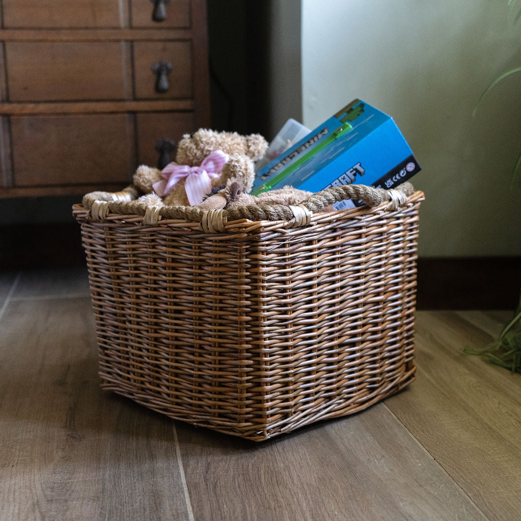 Antique Wash Square Rope Handle Basket