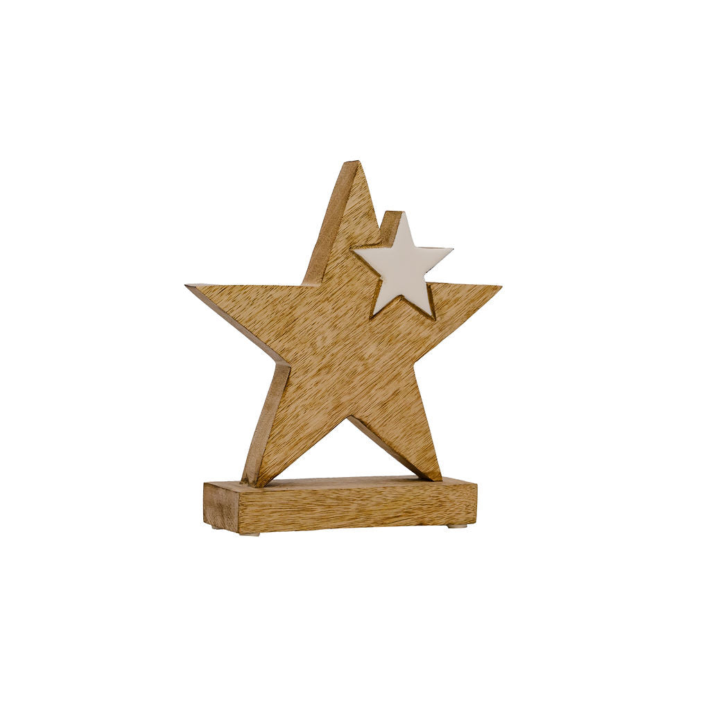 Hera - Medium Wooden Free Standing Star with Smaller Enamel Star