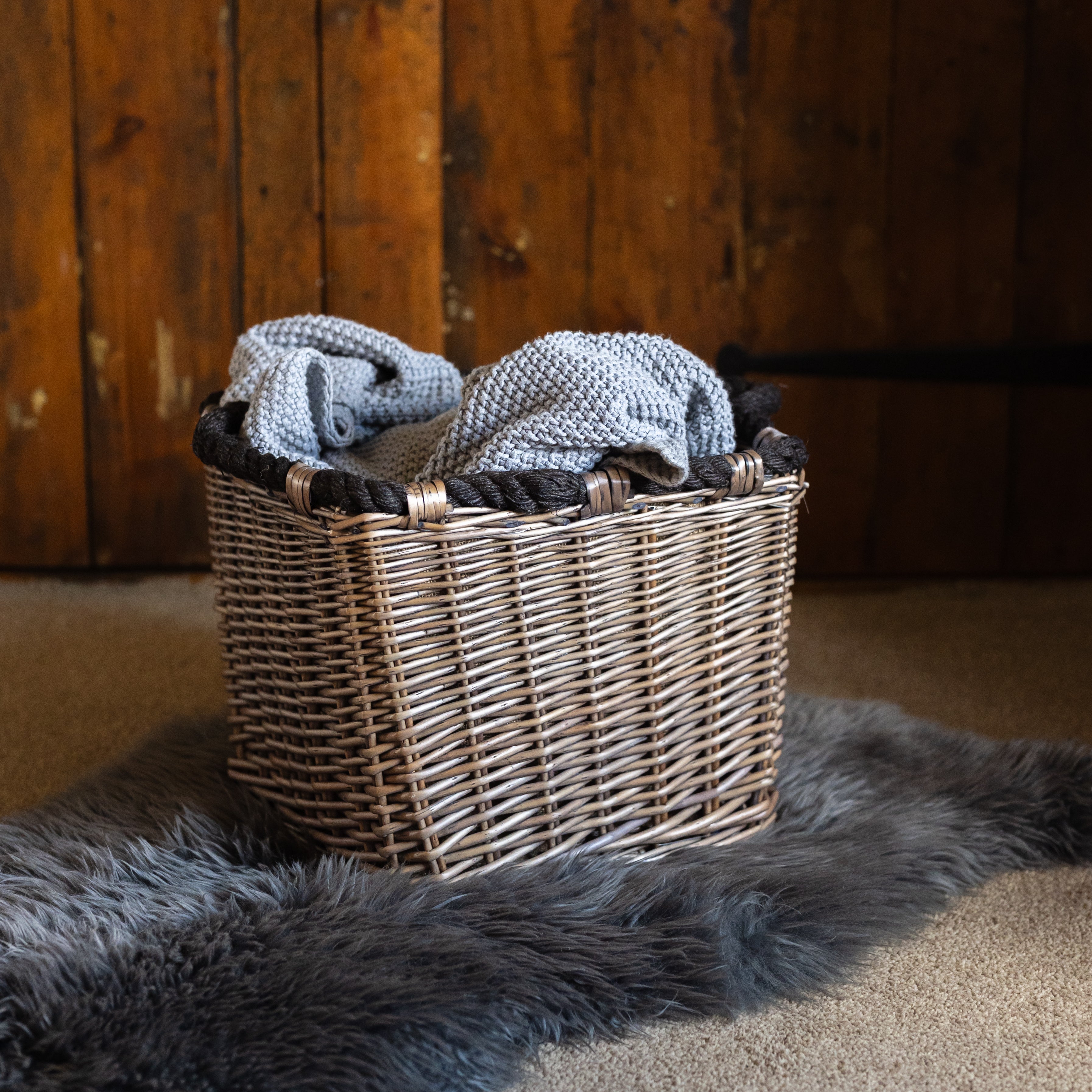 Antique Wash Square Rope Handle Basket