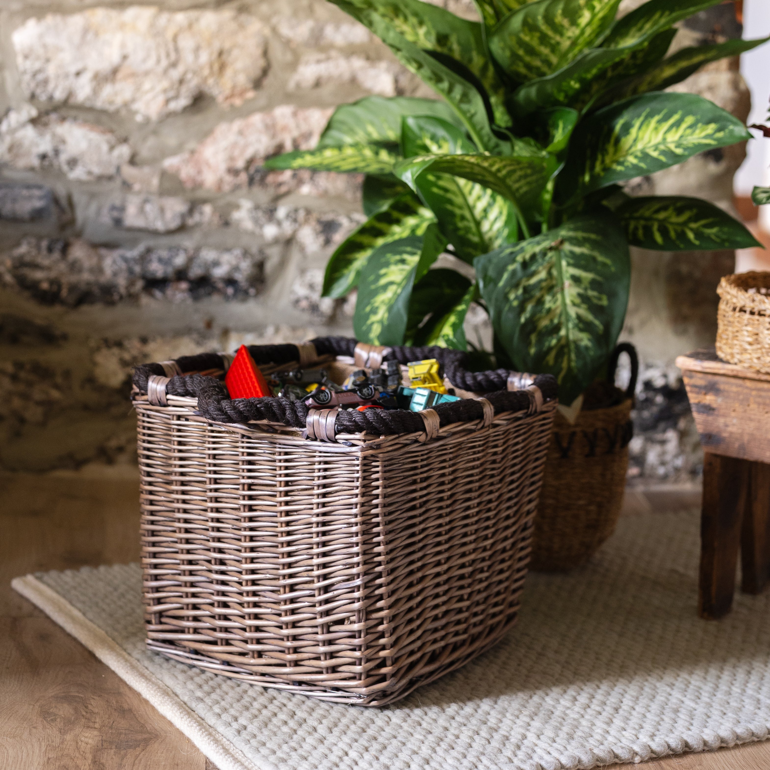 Antique Wash Square Rope Handle Basket