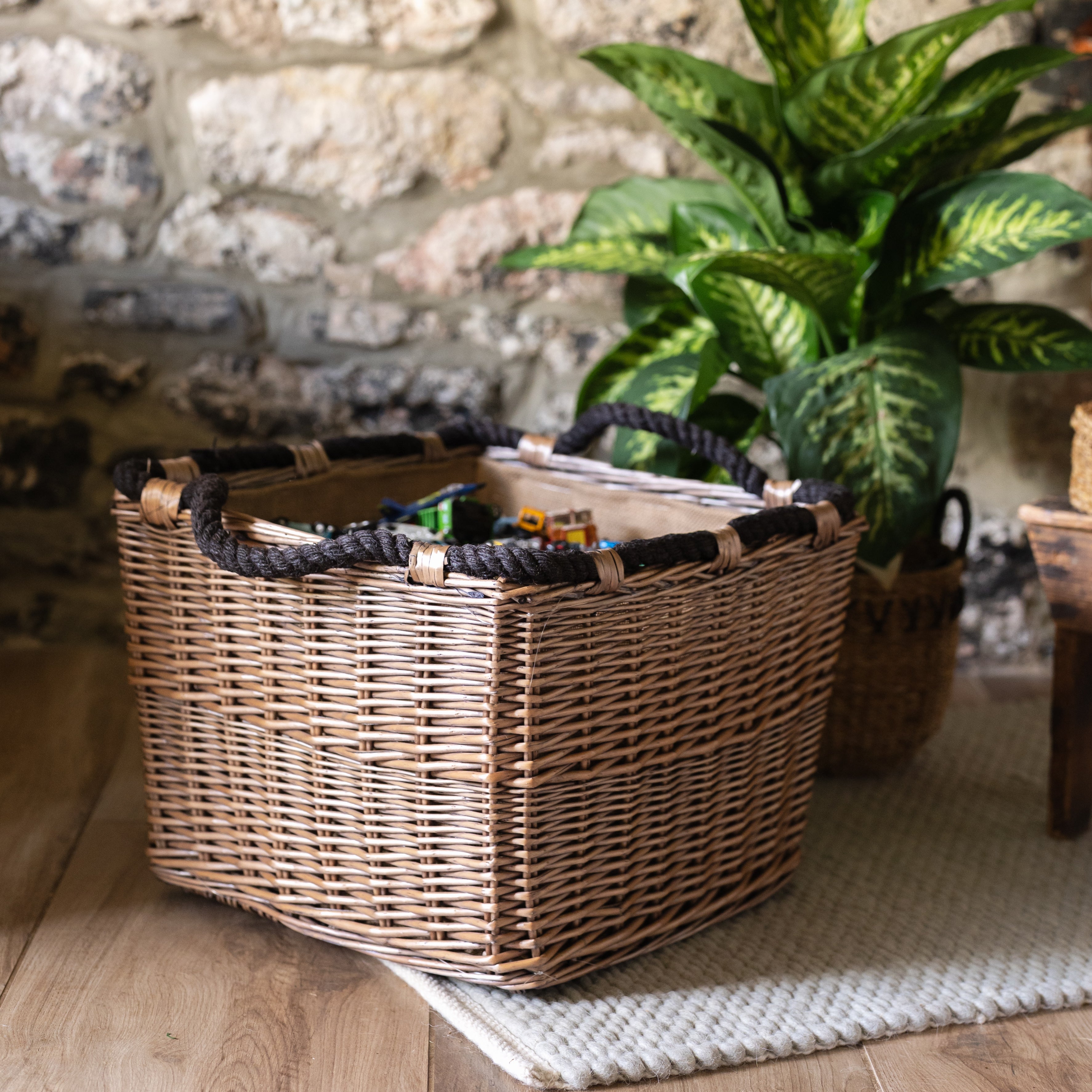 Antique Wash Square Rope Handle Basket