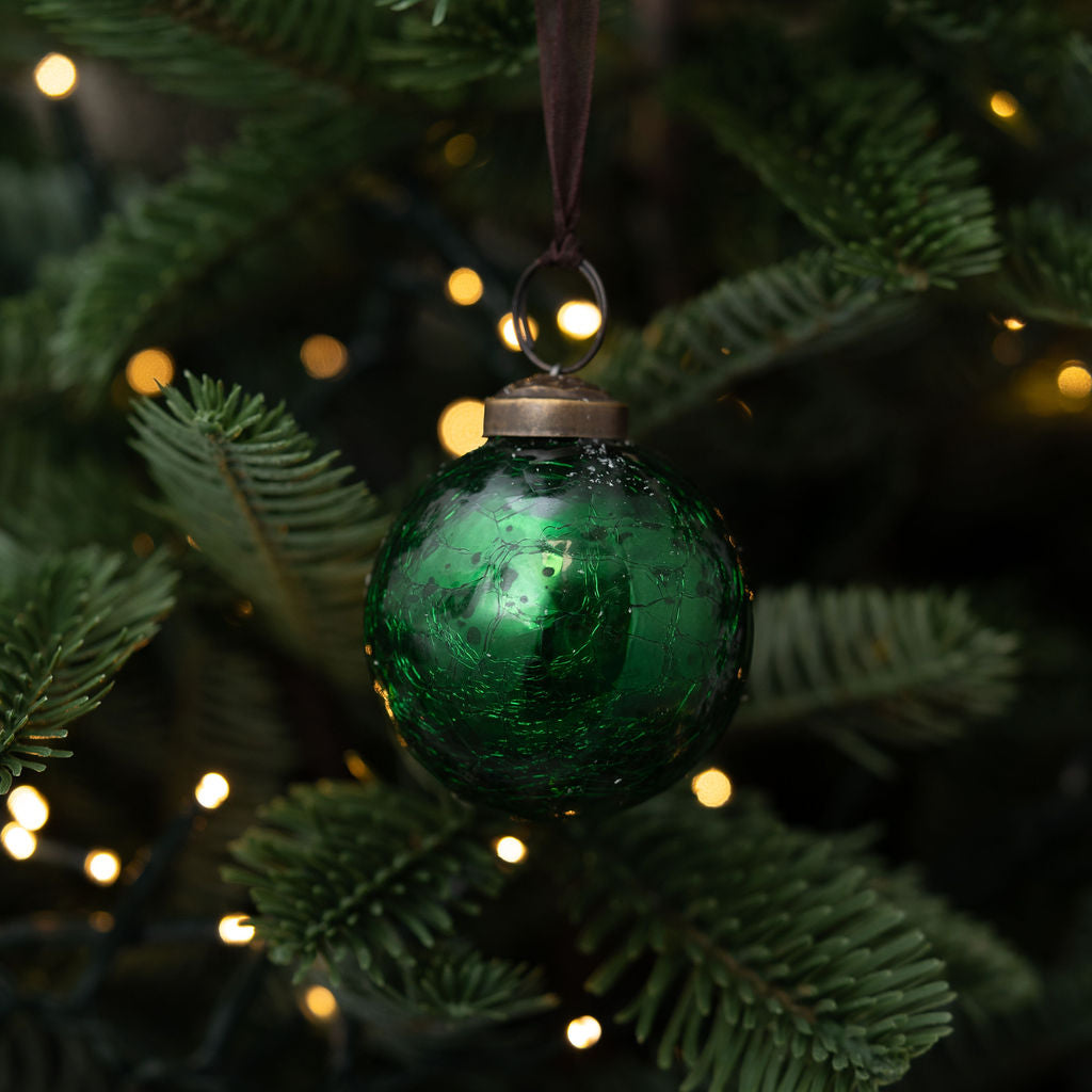 2" Medium Emerald Crackle Glass Christmas Bauble