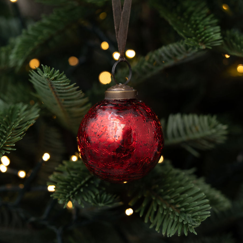 2" Medium Red Crackle Glass Christmas Bauble