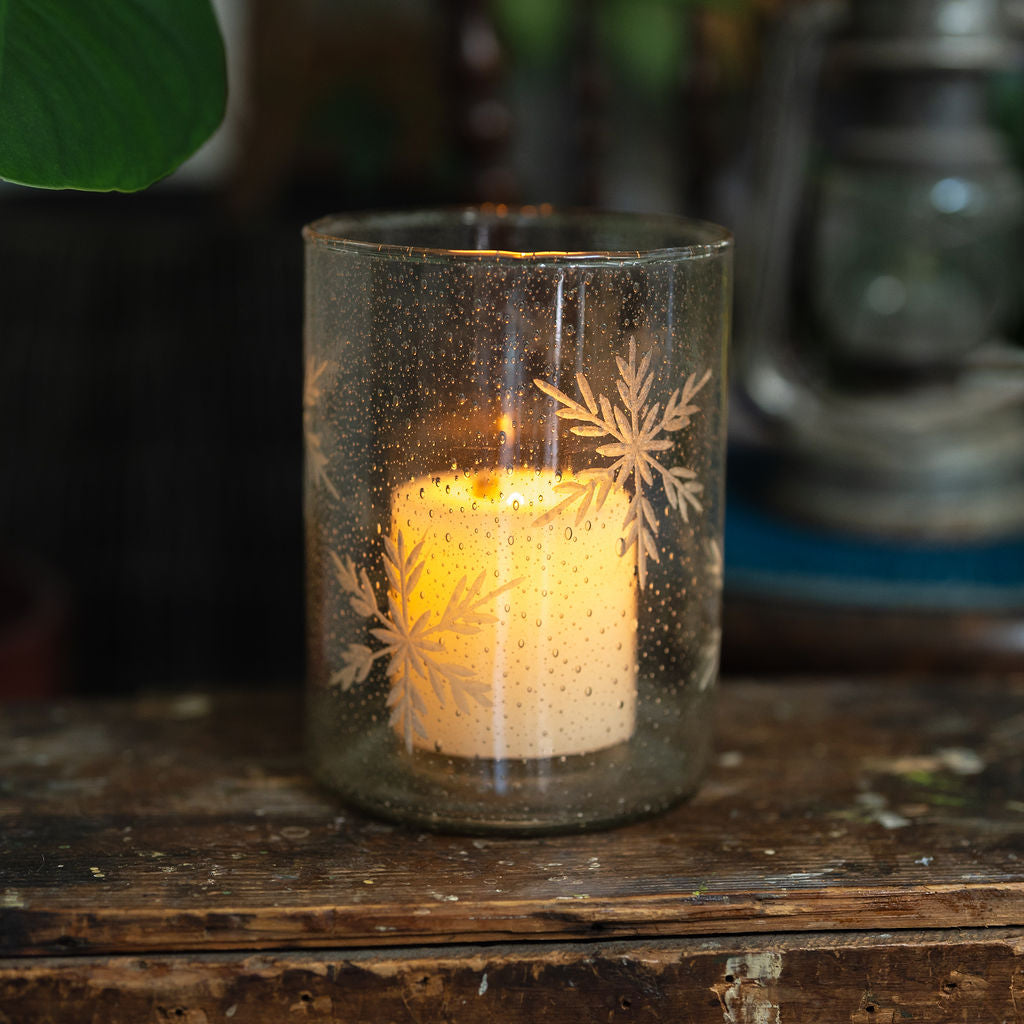 Ivy, Etched Snowflake Glass Candle Holder