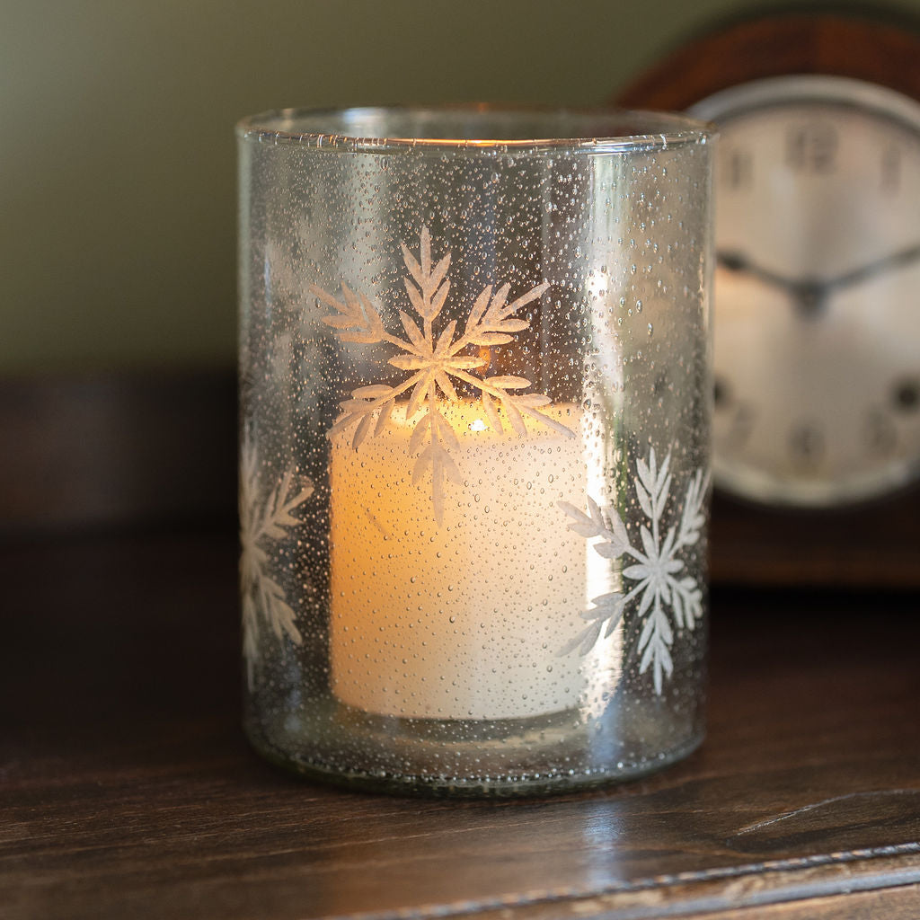 Ivy, Etched Snowflake Glass Candle Holder
