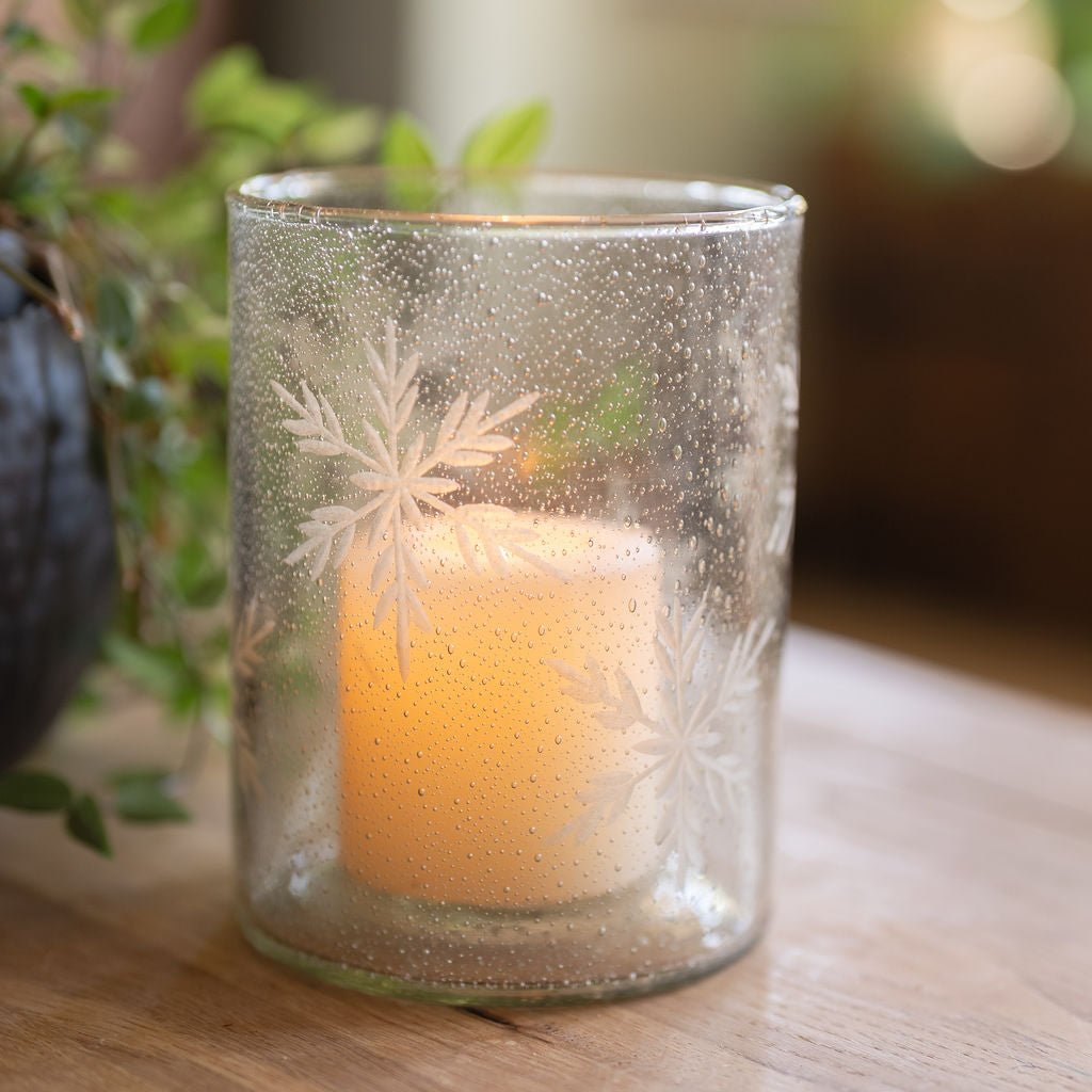 Ivy, Etched Snowflake Glass Candle Holder