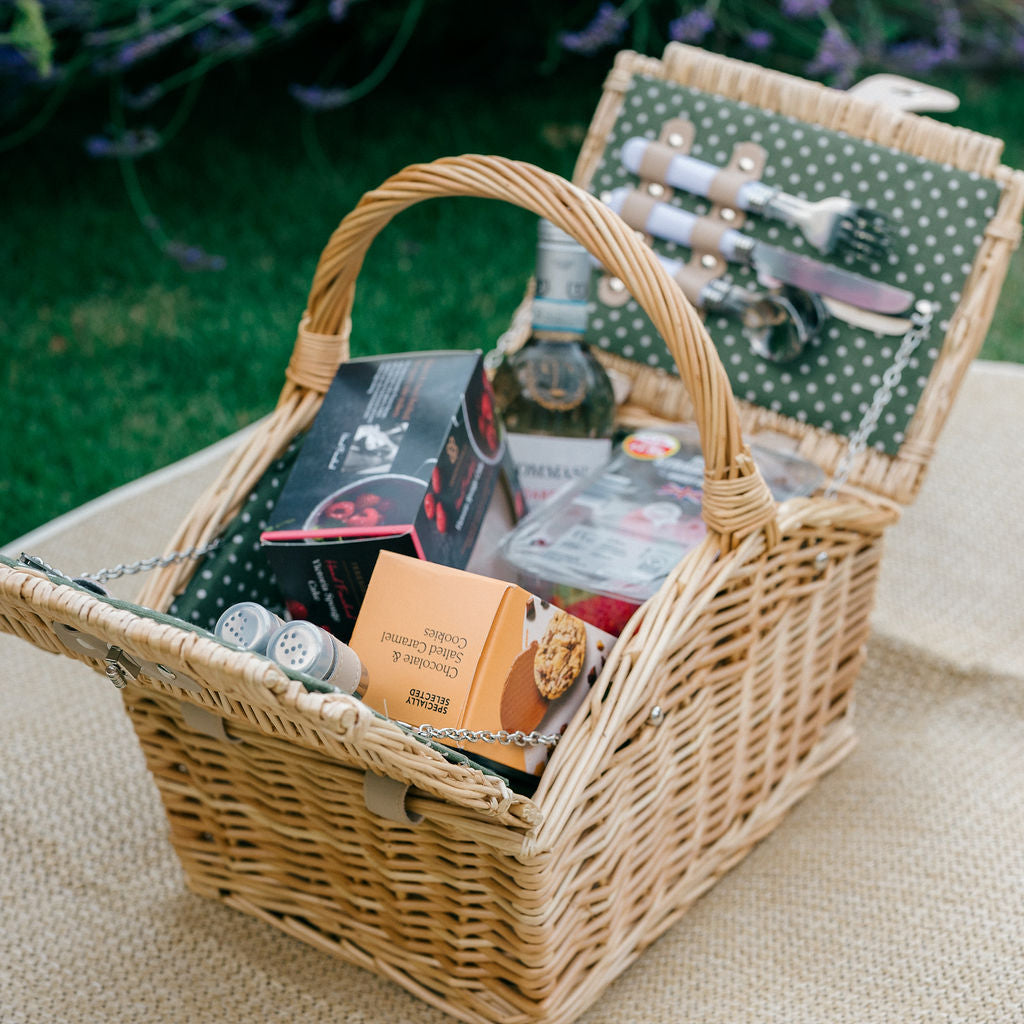 2 Person Natural Wicker Green Polka Dot Picnic Basket