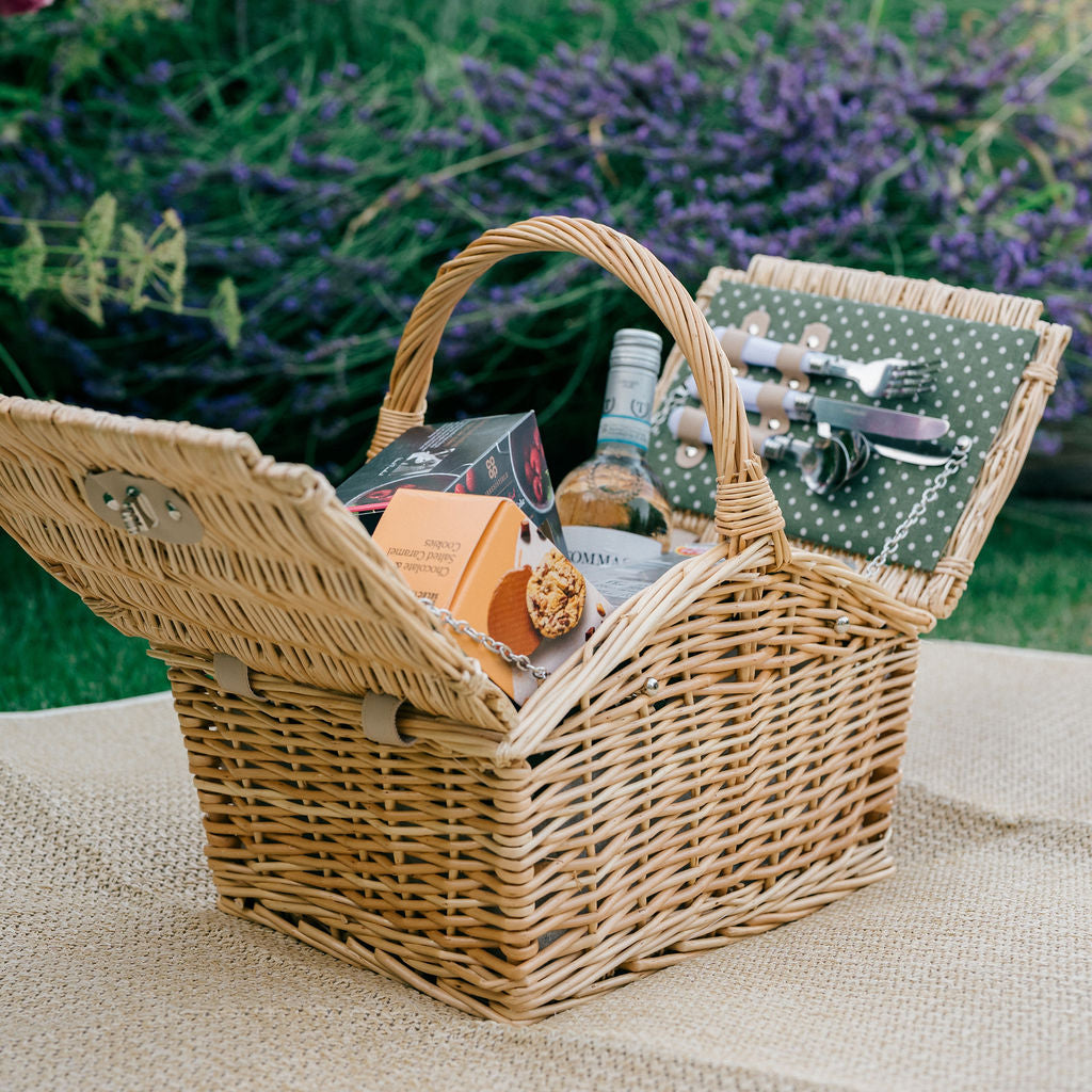 2 Person Natural Wicker Green Polka Dot Picnic Basket