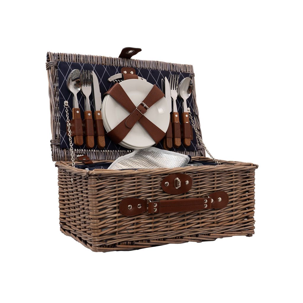 4 Person Antique Wash Navy Diamond Picnic Basket