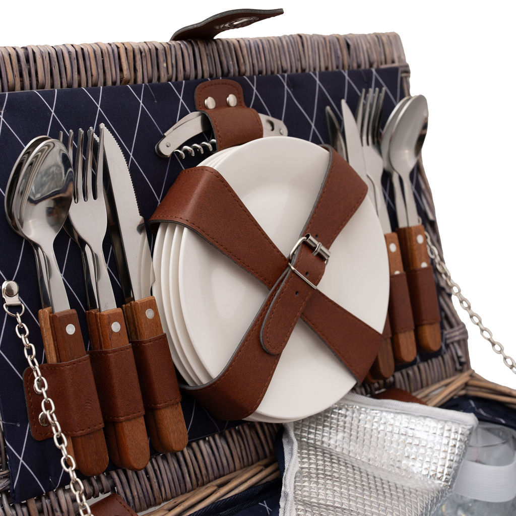 4 Person Antique Wash Navy Diamond Picnic Basket