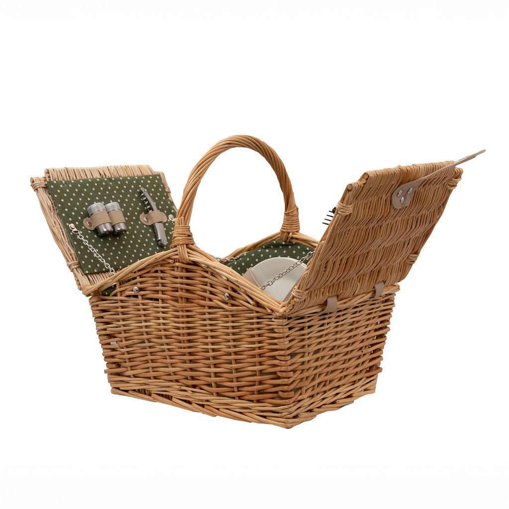 2 Person Natural Wicker Green Polka Dot Picnic Basket