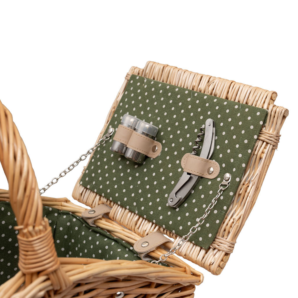 2 Person Natural Wicker Green Polka Dot Picnic Basket