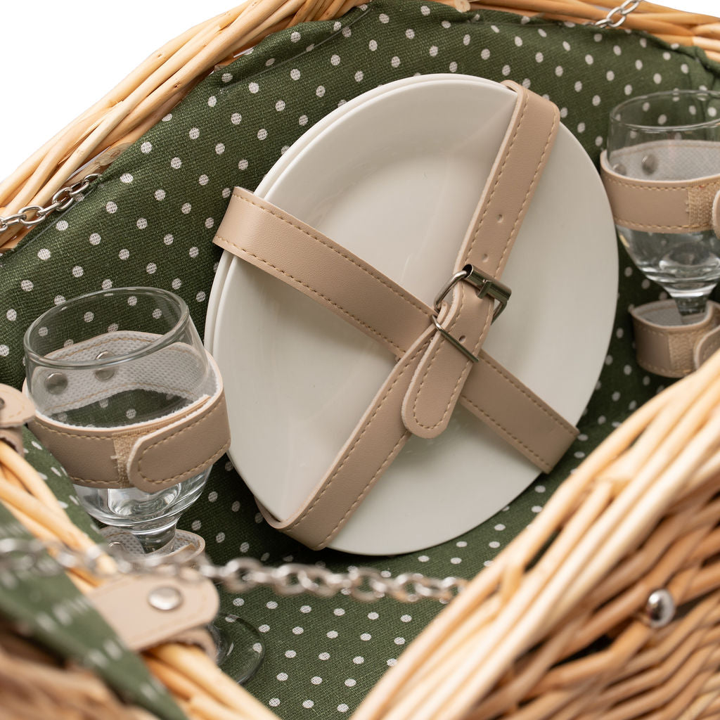 2 Person Natural Wicker Green Polka Dot Picnic Basket
