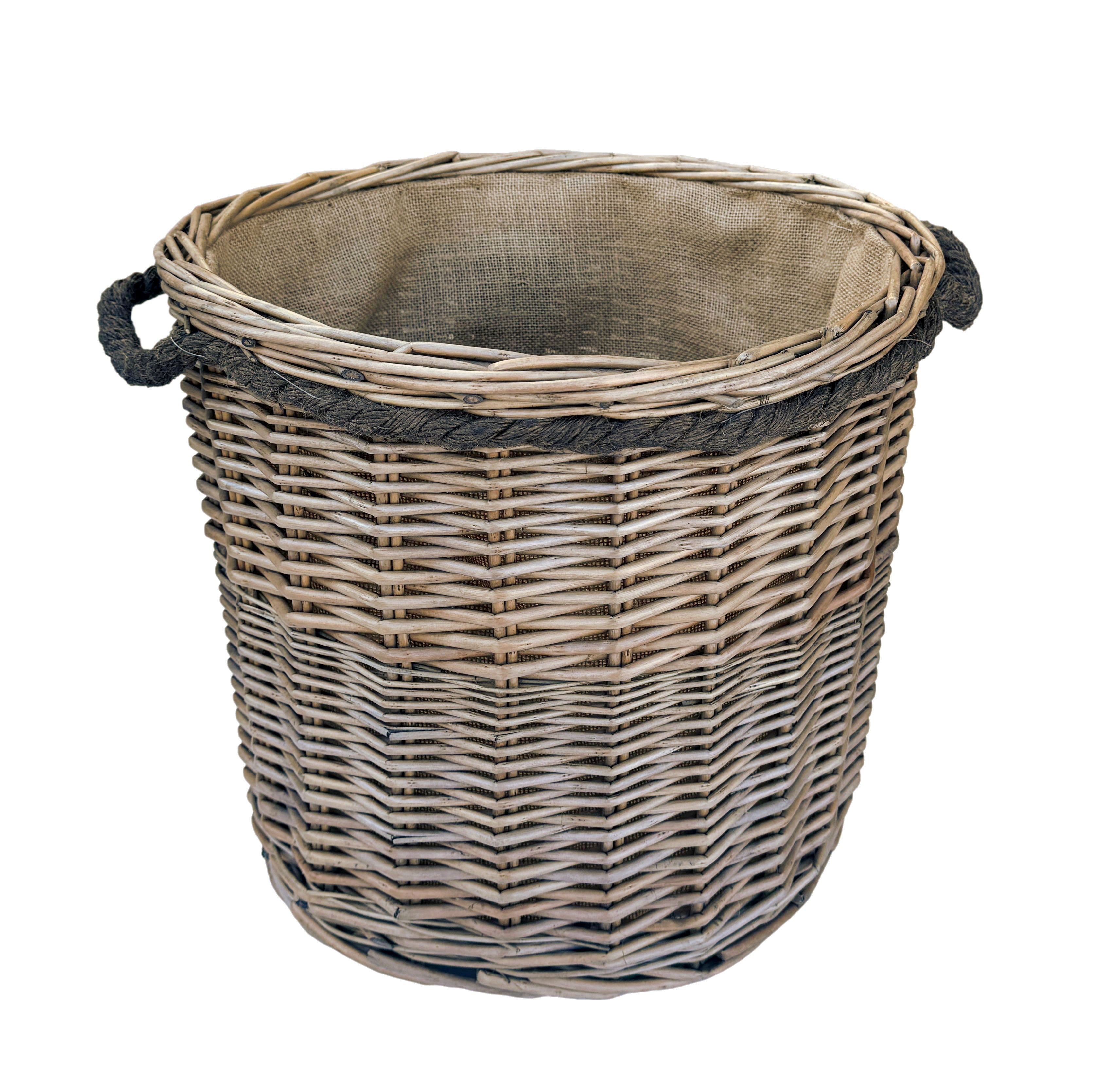 Antique Wash Round with Rope Handles Wicker Lined Planter Basket