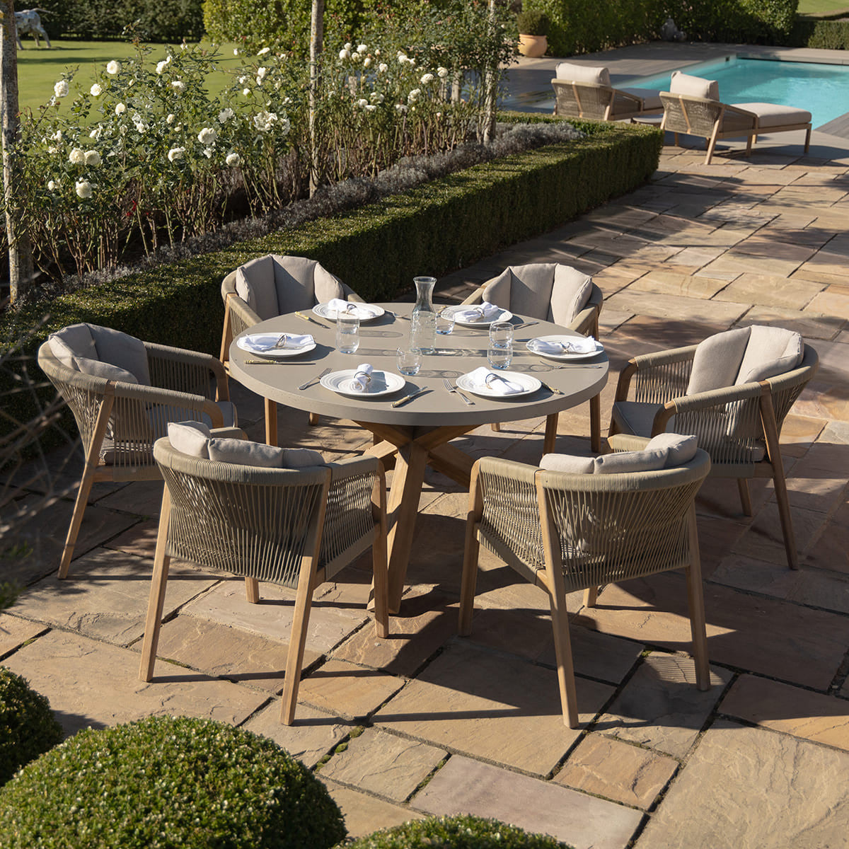 Martinique 6 Seat Round Dining Set - Light Brown