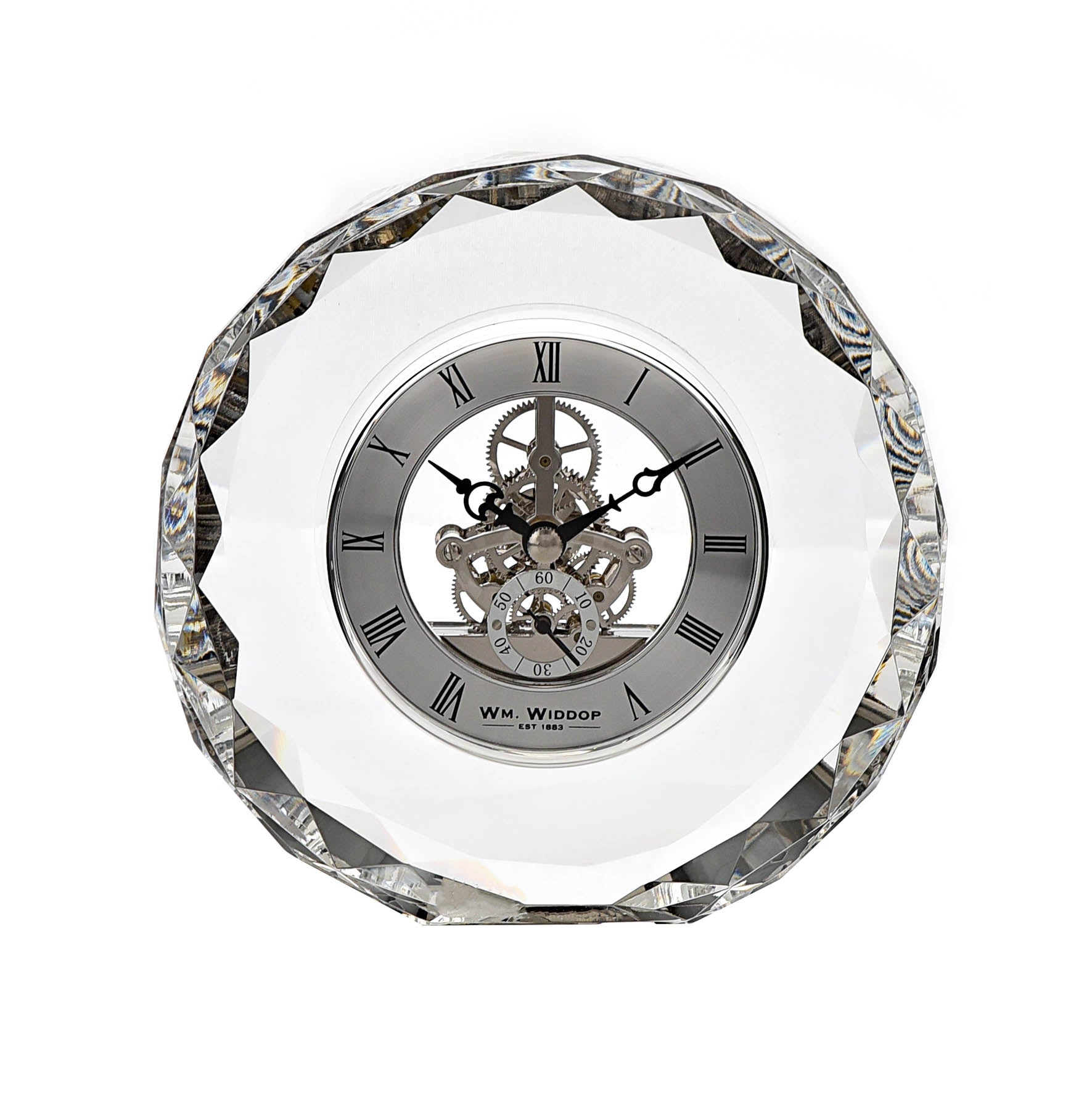 Wm.Widdop Crystal Round Mantel Clock Skeleton Dial Roman