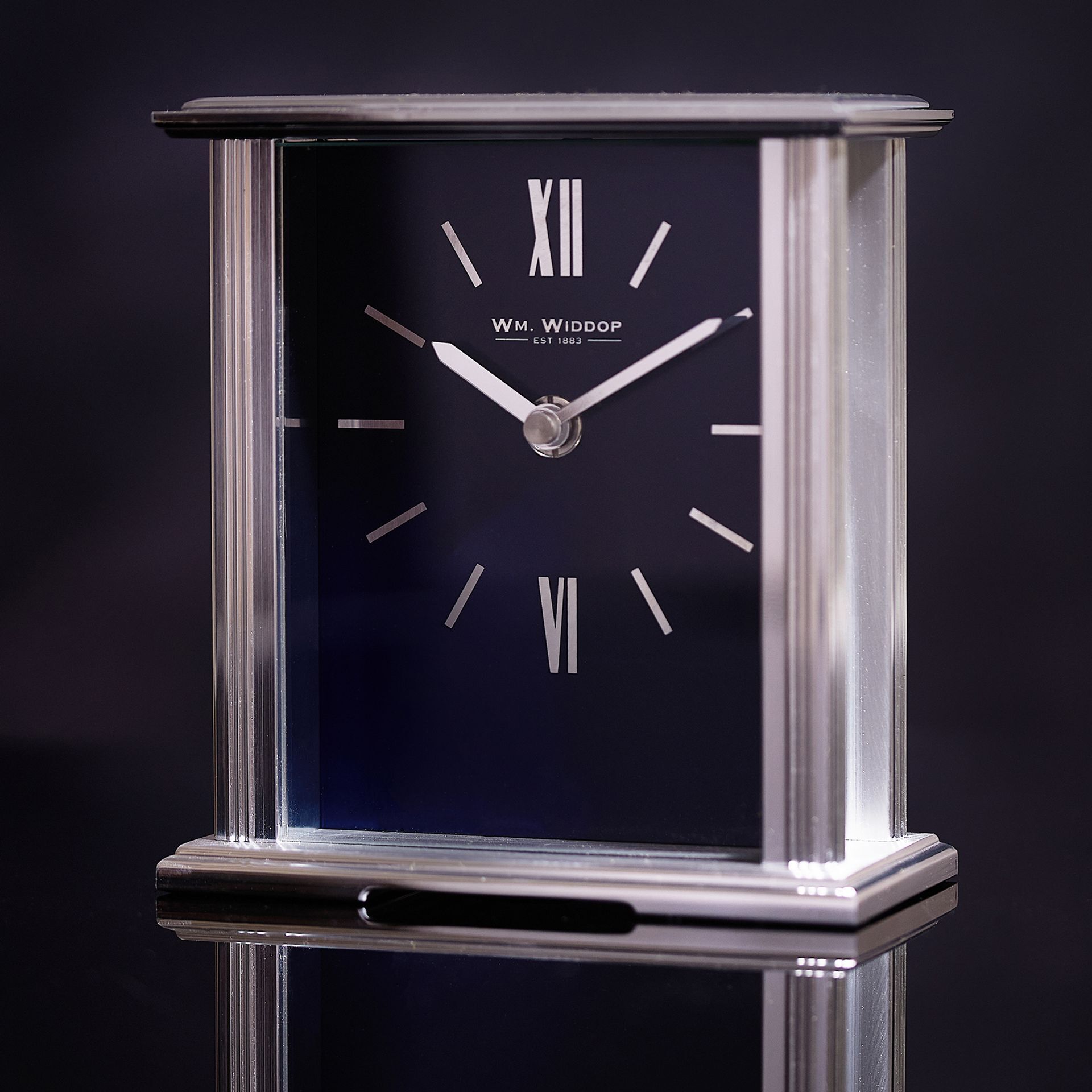 Wm.Widdop Silver Mantel Clock Navy Blue Dial