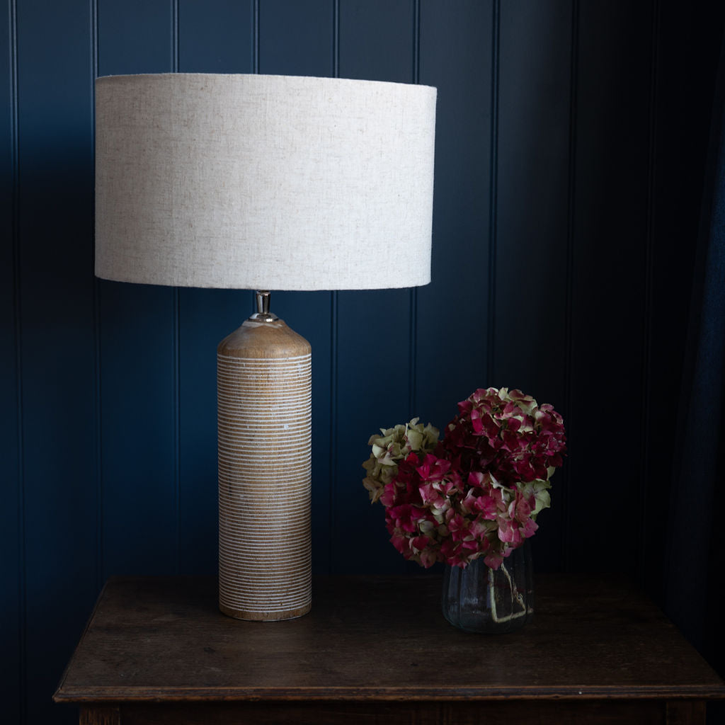 Abson - Distressed White, Wooden Table Lamp with Cotton Linen Shade ...